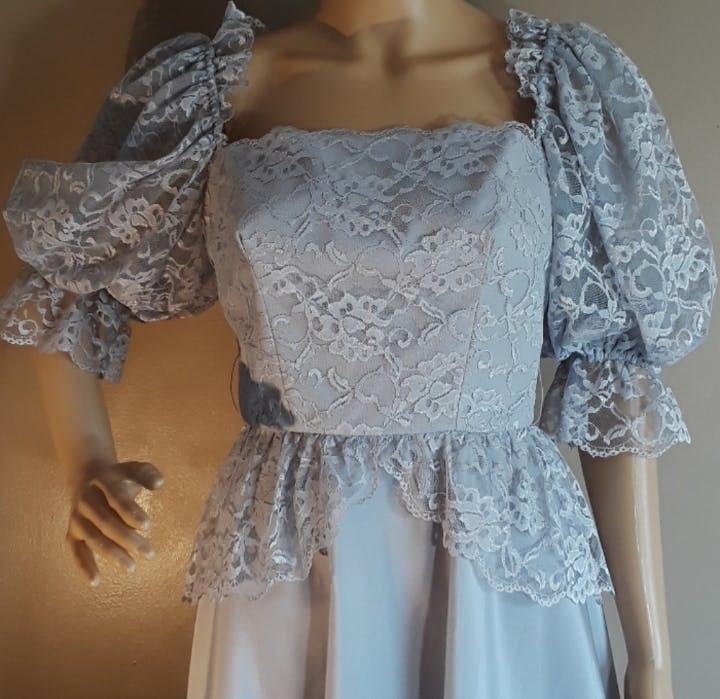 80's Powder Blue Lace Puff Sleeve Dress by Amy Rose California - Image 3