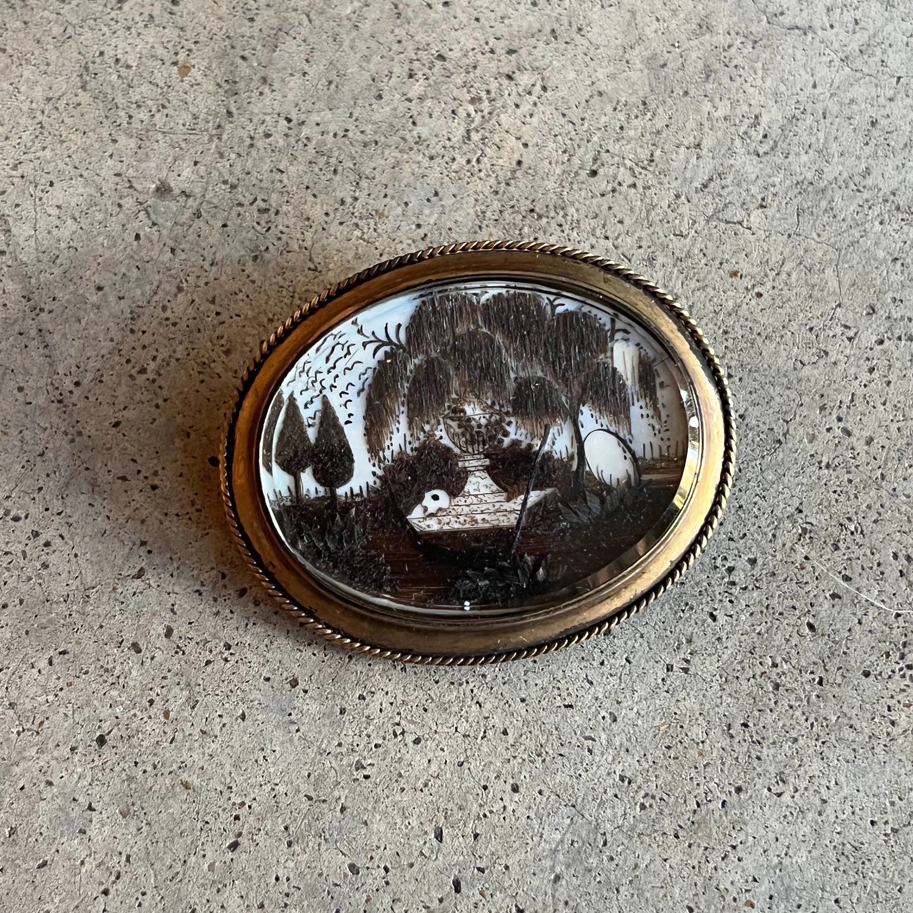 19th C. Hair Mourning Scene Brooch 14k Gold Antique Hairwork Victorian Jewelry - Image 2