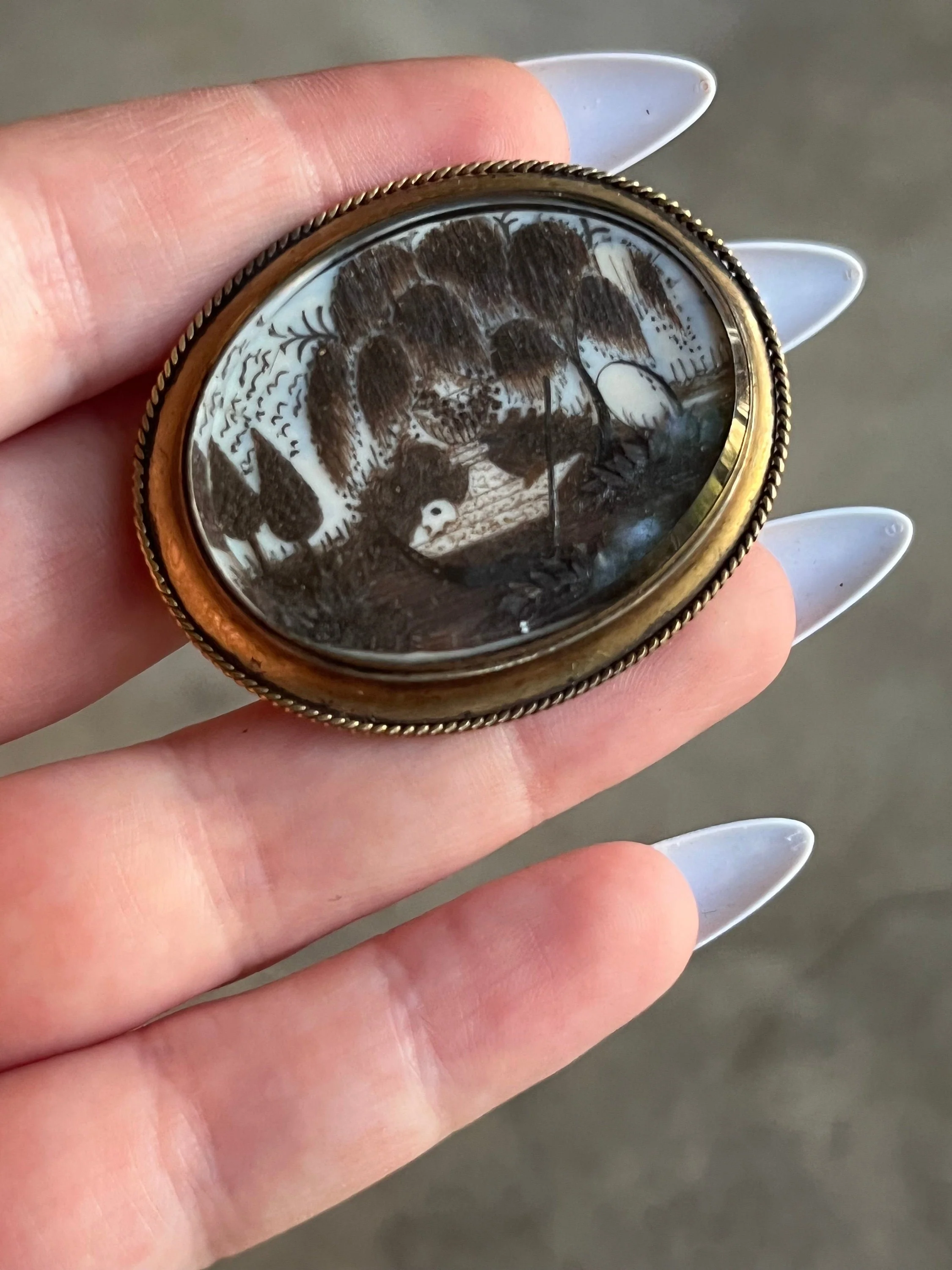 19th C. Hair Mourning Scene Brooch 14k Gold Antique Hairwork Victorian Jewelry - Image 3