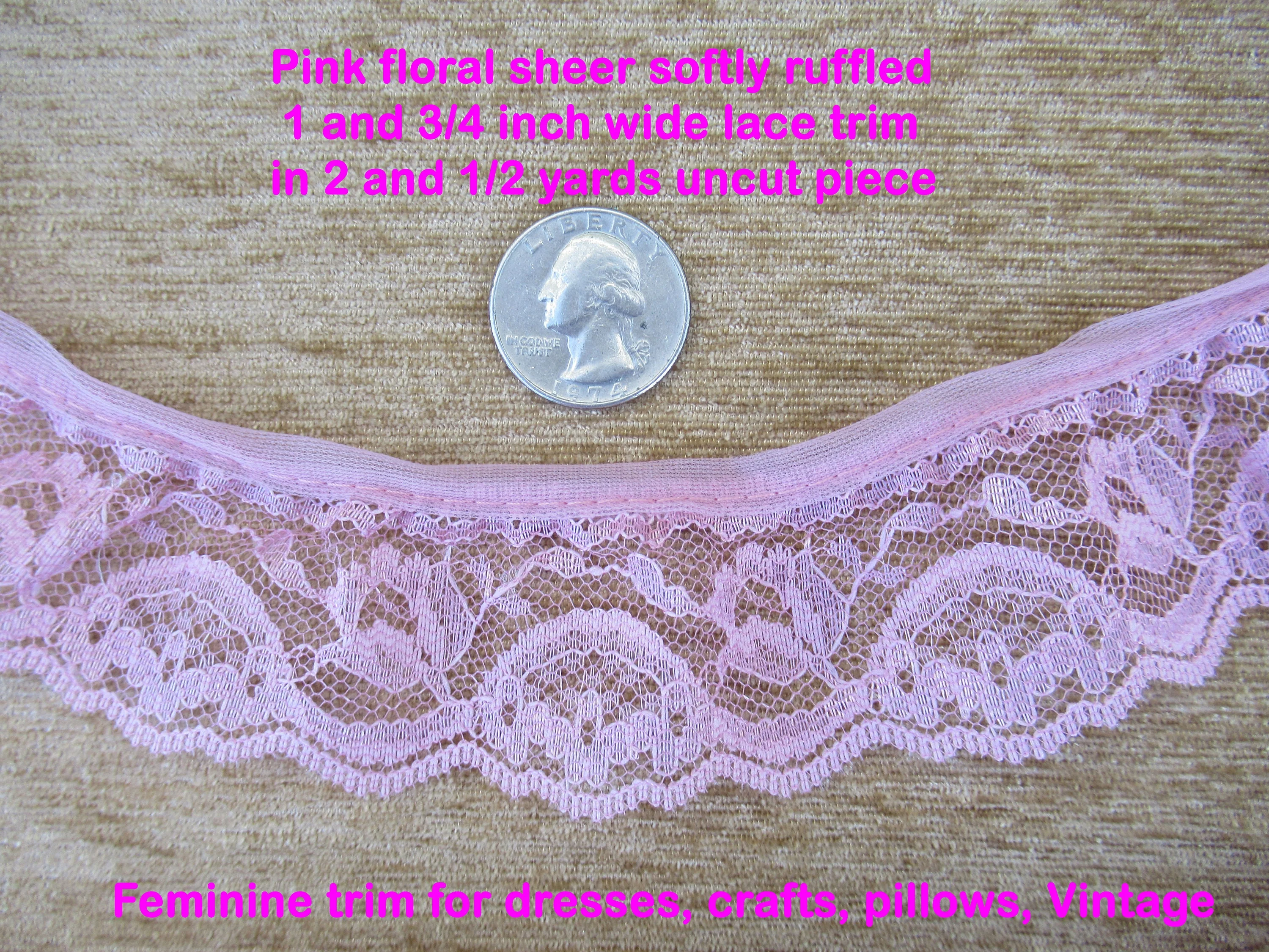 2. 5 Yards Sheer Softly Ruffled Lace Trim Pink Floral 1 and 3/4 Inch Wide Lace Trim Uncut Piece Feminine Trim for Dresses Pillows Vtg - Image 4