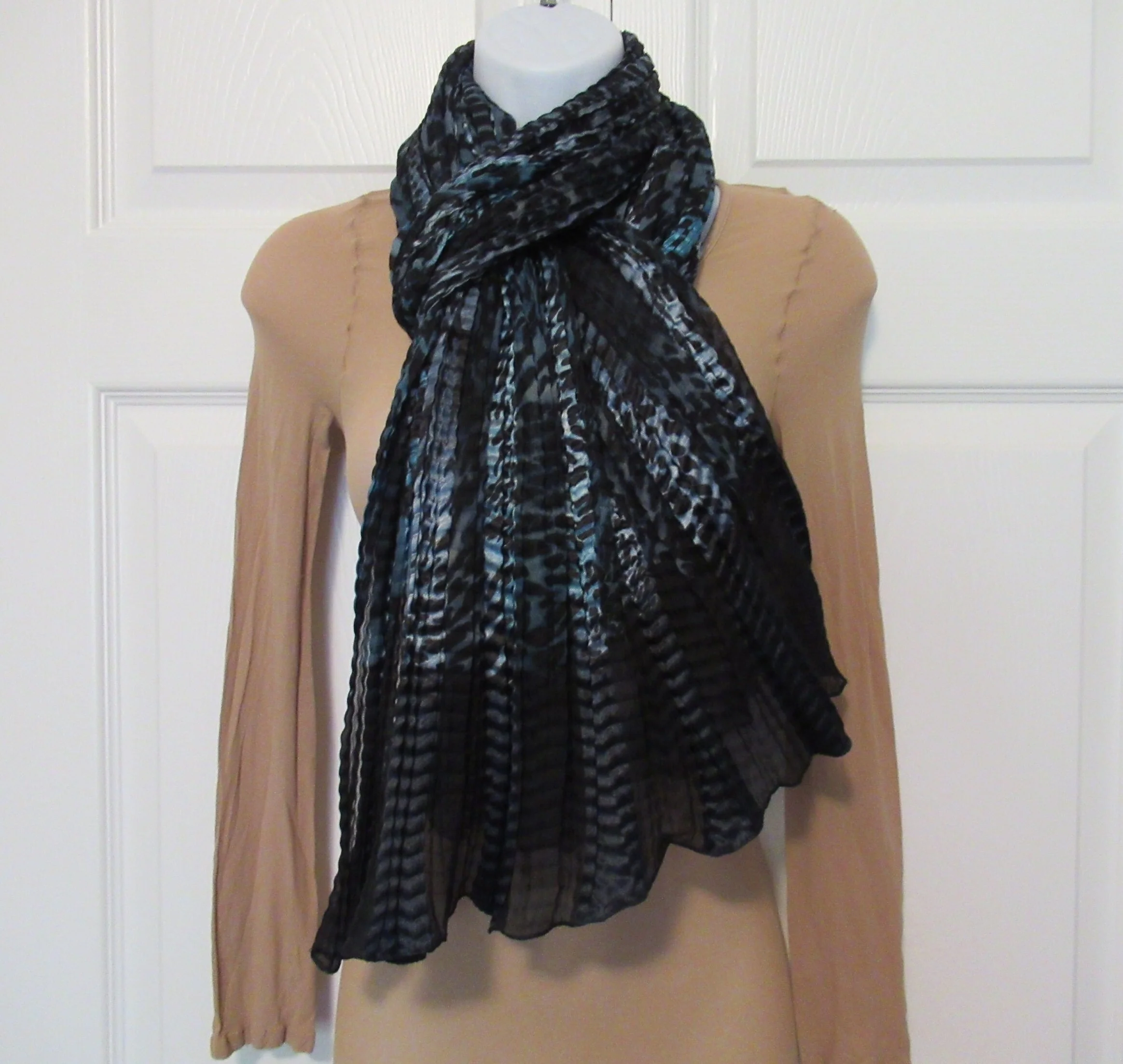 2 Echo Oblong Scarves Accordion Permanently Pleated 70 by 26 Inch Scarves/wraps, 1 Brown/cream Tone Stripes, 1 Blue/black Animal Print - Image 10