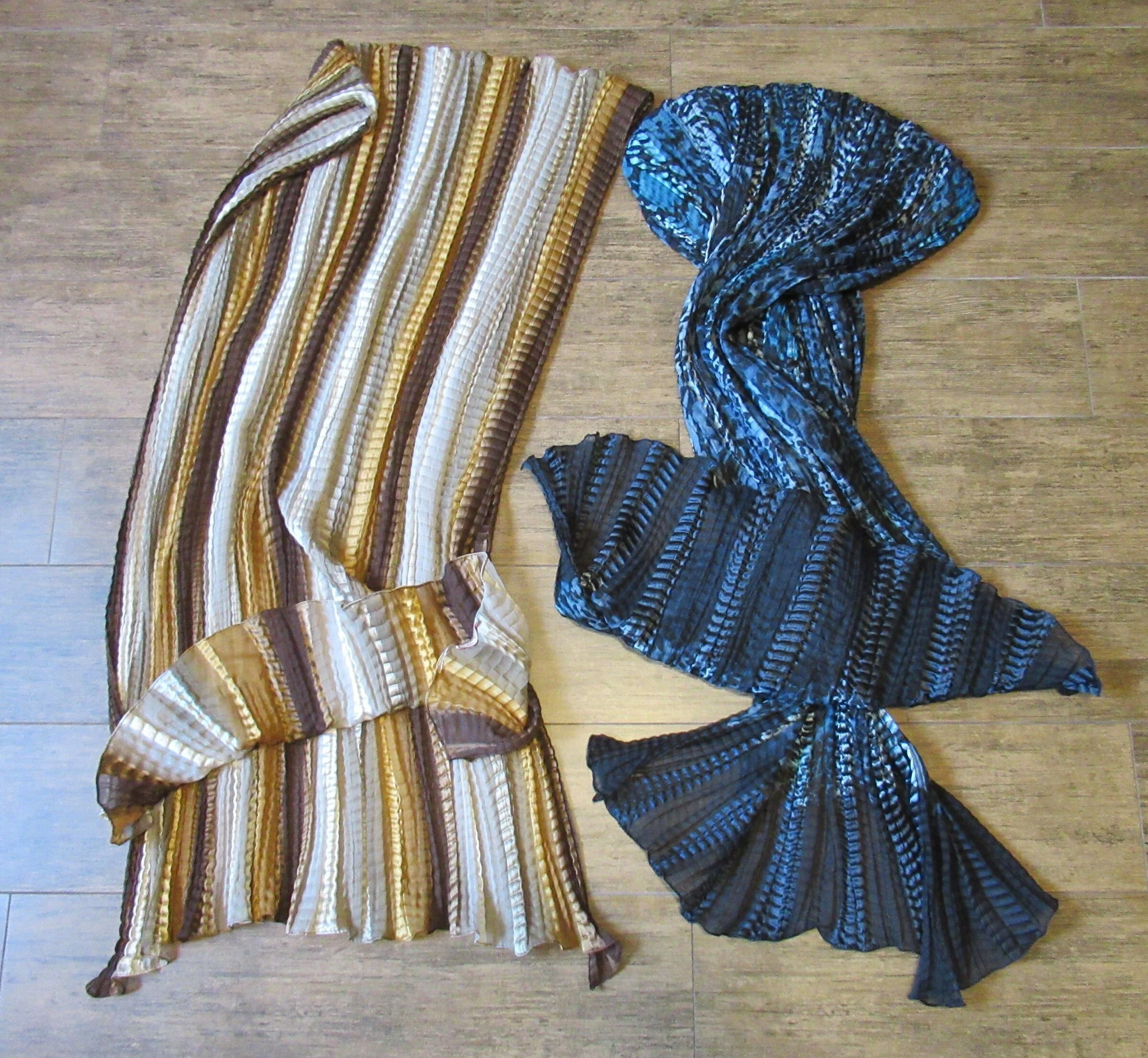 2 Echo Oblong Scarves Accordion Permanently Pleated 70 by 26 Inch Scarves/wraps, 1 Brown/cream Tone Stripes, 1 Blue/black Animal Print - Image 2