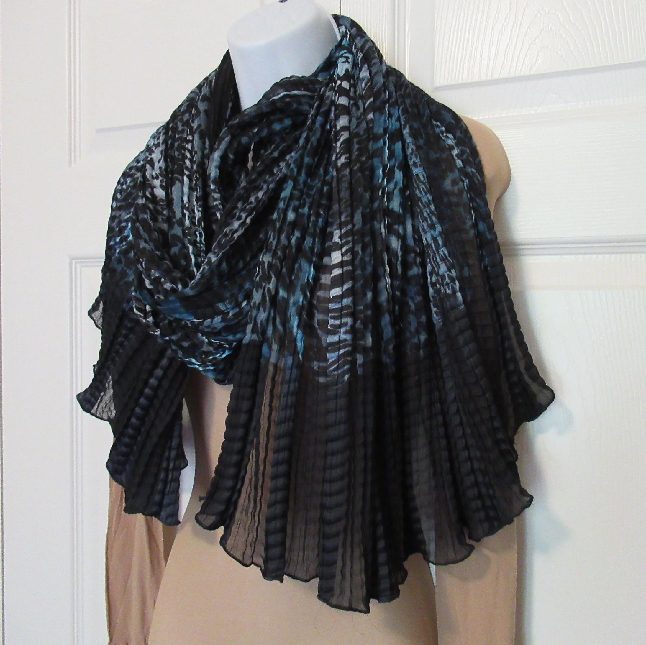 2 Echo Oblong Scarves Accordion Permanently Pleated 70 by 26 Inch Scarves/wraps, 1 Brown/cream Tone Stripes, 1 Blue/black Animal Print - Image 9