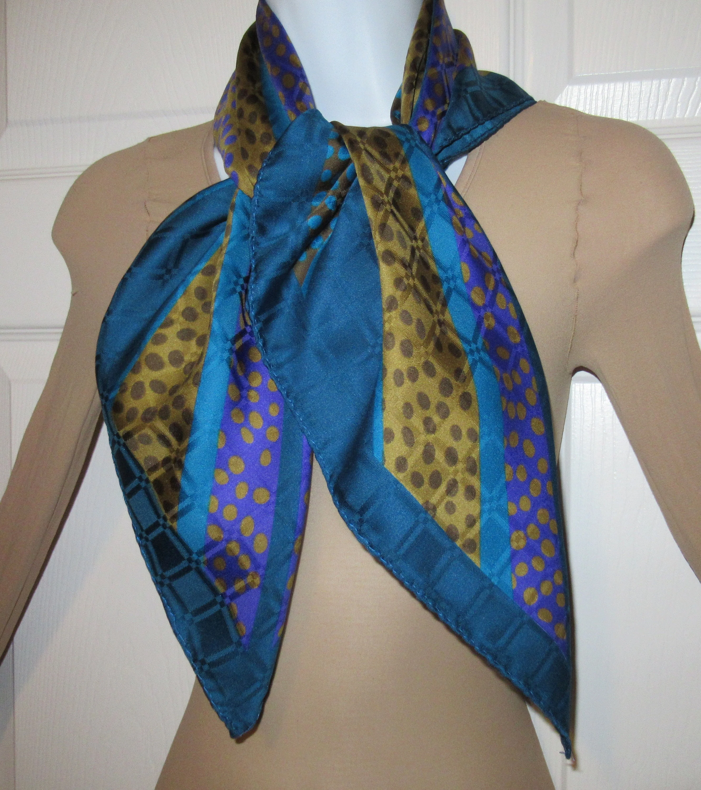 2 Vintage 30 Inch Square Scarves Both with Rolled Hemmed Edge 1 Silk Brown and White Dots / Geometric Design 1 Teal and Gold Dots Diagonal Rows - Image 10