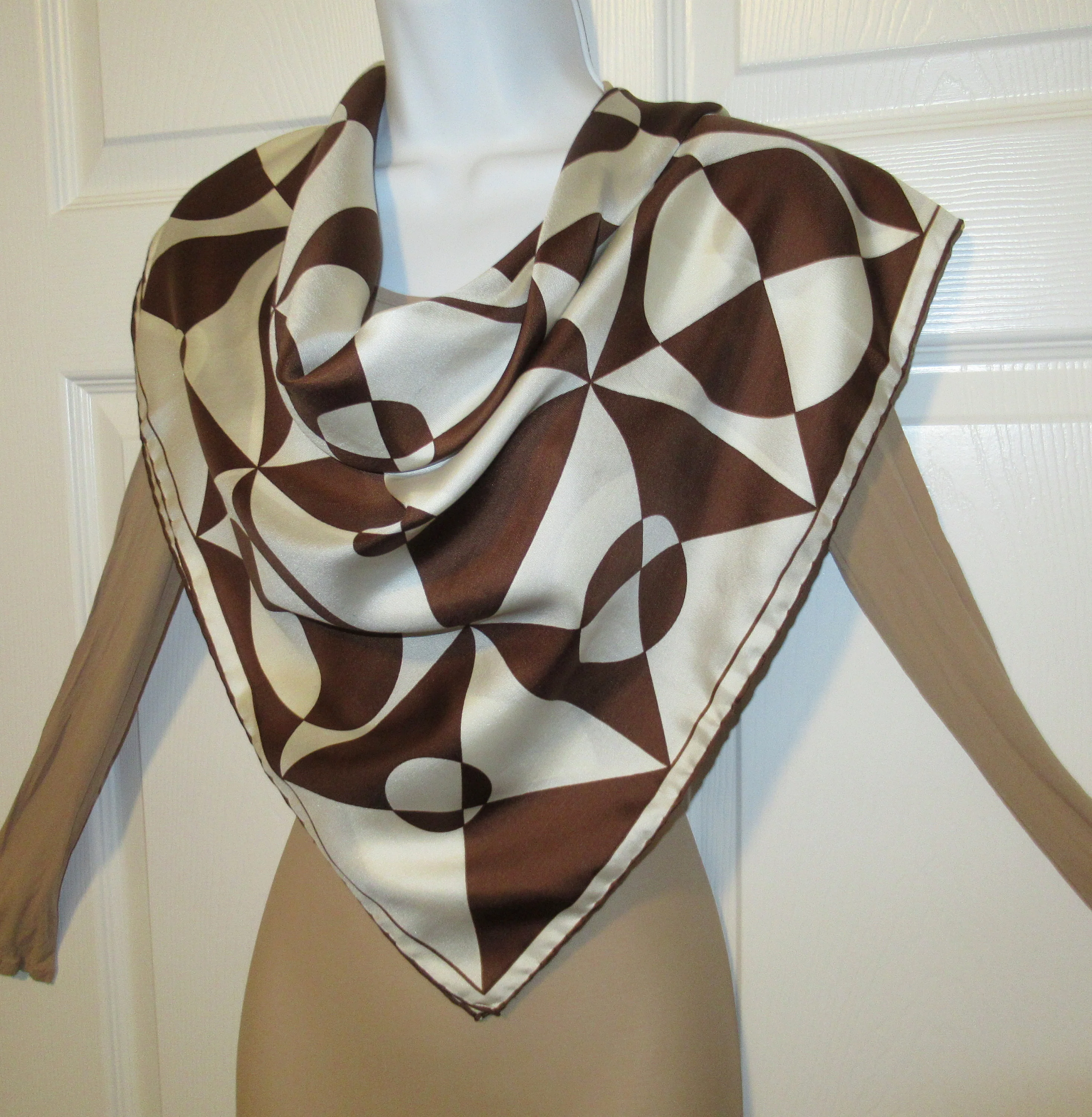 2 Vintage 30 Inch Square Scarves Both with Rolled Hemmed Edge 1 Silk Brown and White Dots / Geometric Design 1 Teal and Gold Dots Diagonal Rows - Image 3