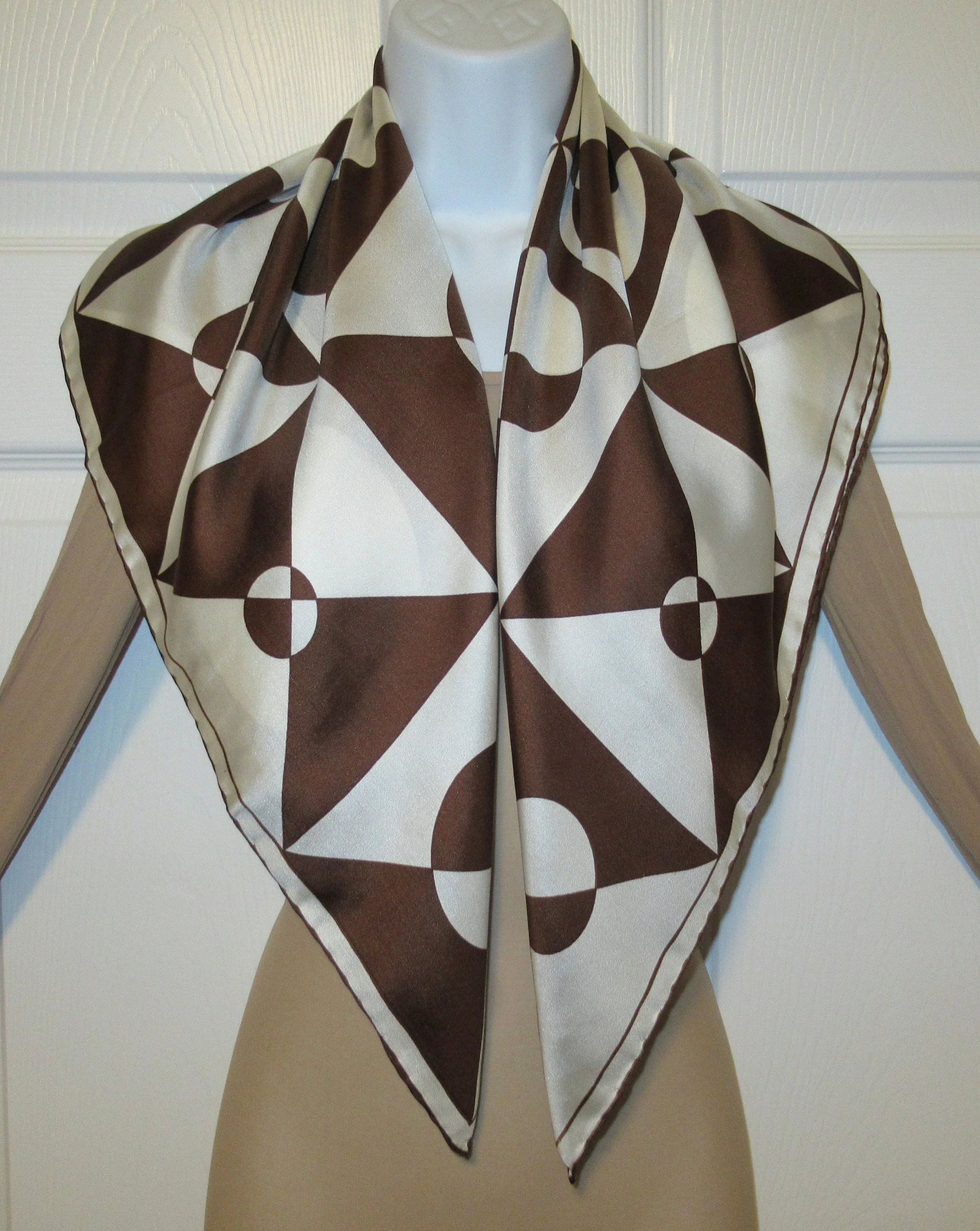 2 Vintage 30 Inch Square Scarves Both with Rolled Hemmed Edge 1 Silk Brown and White Dots / Geometric Design 1 Teal and Gold Dots Diagonal Rows - Image 4