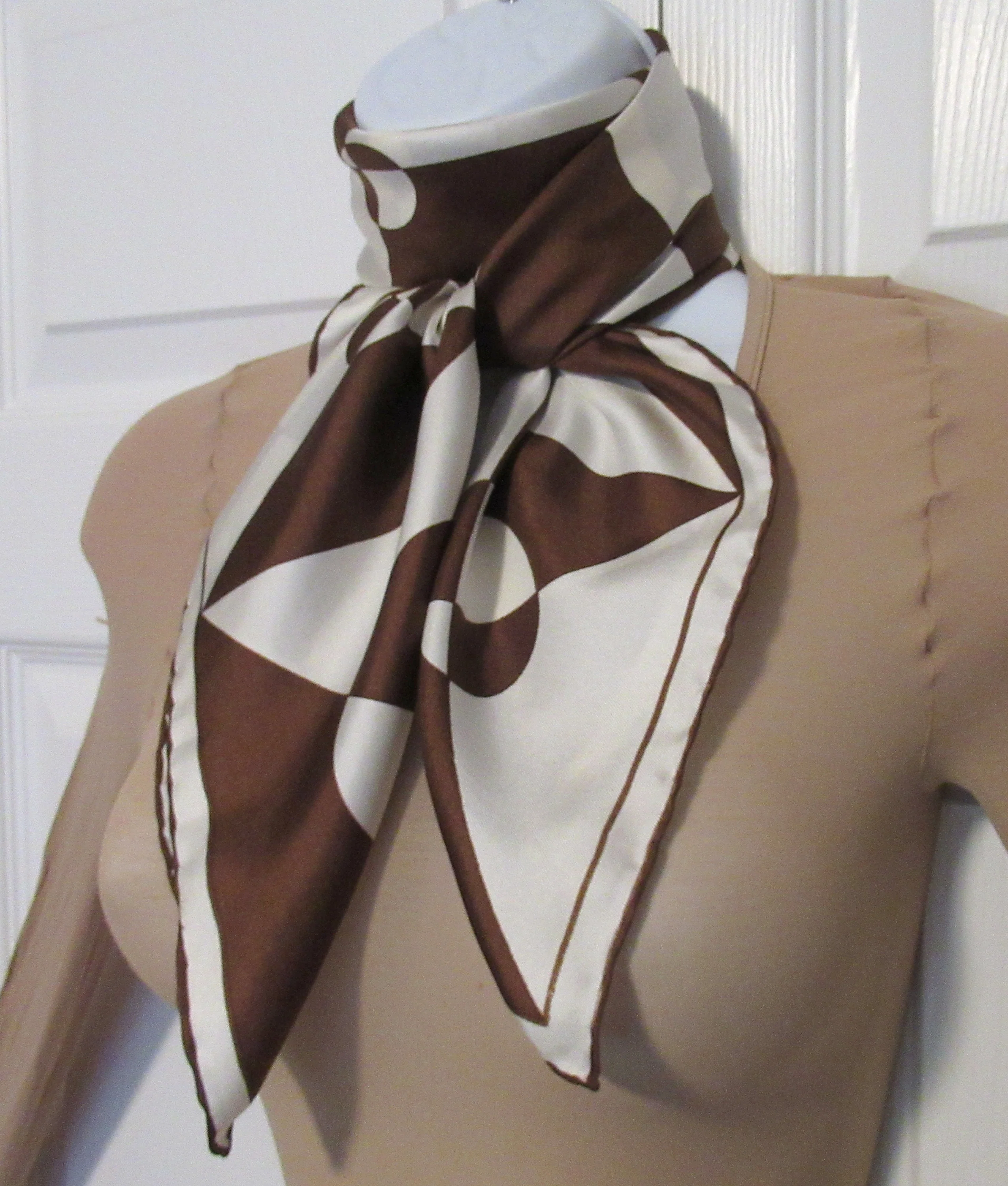 2 Vintage 30 Inch Square Scarves Both with Rolled Hemmed Edge 1 Silk Brown and White Dots / Geometric Design 1 Teal and Gold Dots Diagonal Rows - Image 5