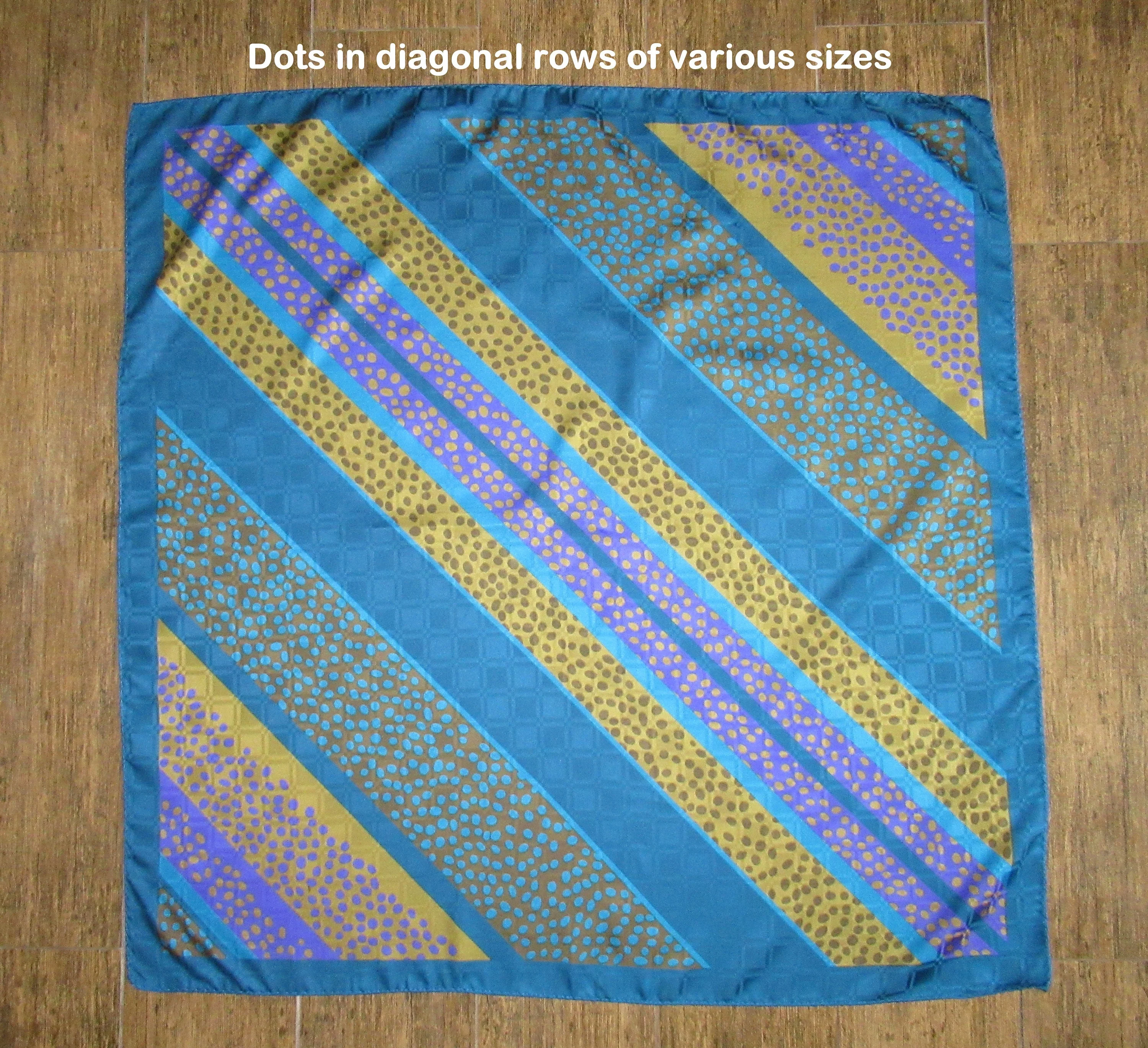 2 Vintage 30 Inch Square Scarves Both with Rolled Hemmed Edge 1 Silk Brown and White Dots / Geometric Design 1 Teal and Gold Dots Diagonal Rows - Image 7