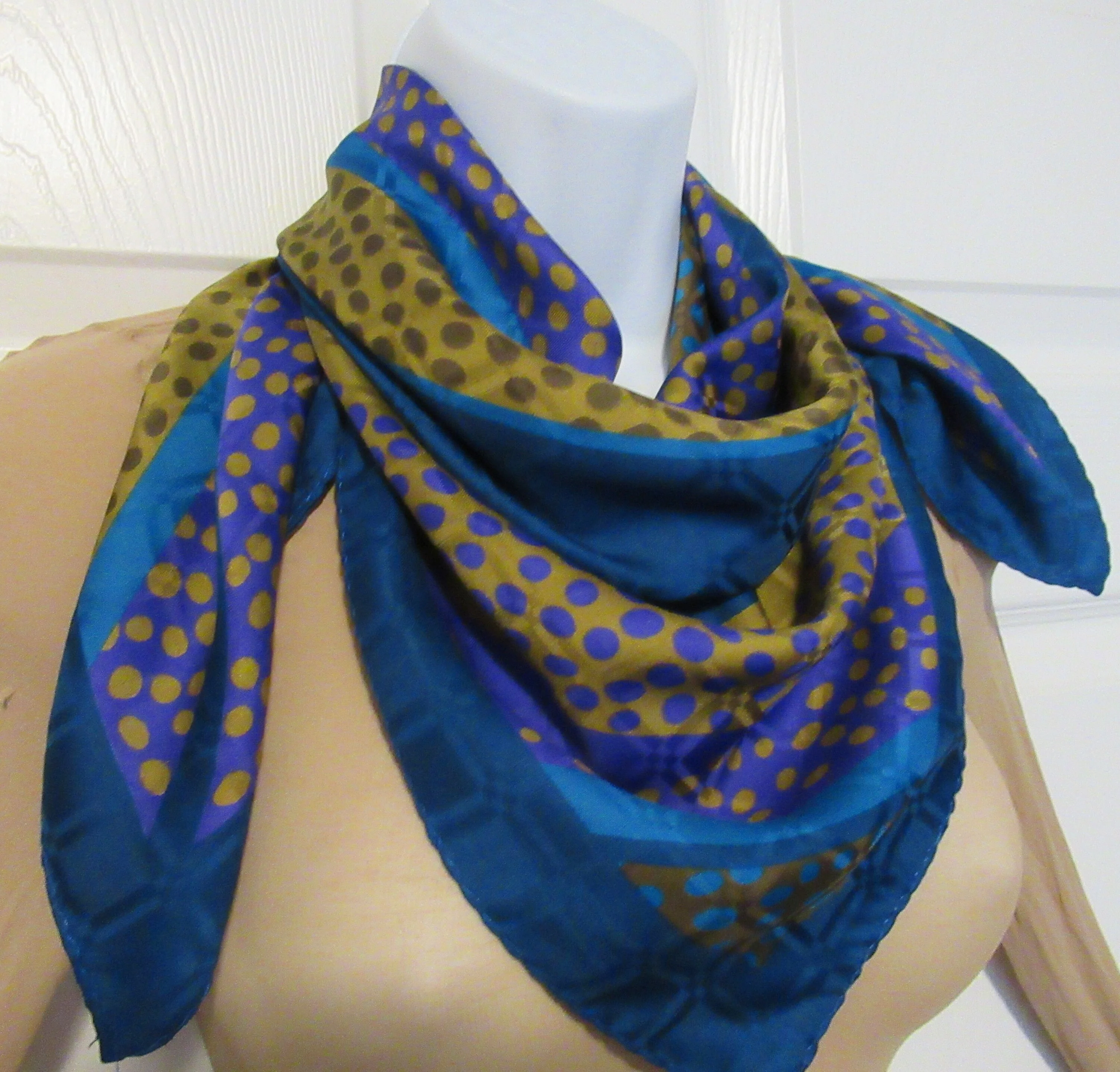 2 Vintage 30 Inch Square Scarves Both with Rolled Hemmed Edge 1 Silk Brown and White Dots / Geometric Design 1 Teal and Gold Dots Diagonal Rows - Image 9
