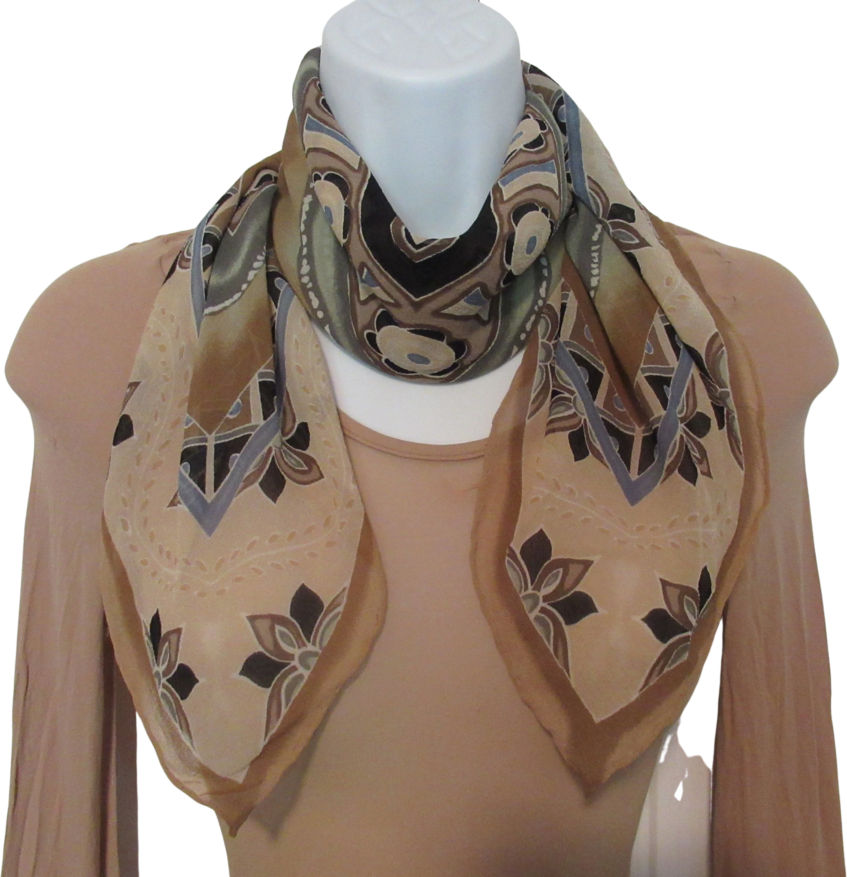 2 Vintage Chiffon Scarves 1st Is 32 by 31 Inch Silk Square Border Print 2nd Is 68 by 33 Inch Polyester Ombre In 3 Shades All Brown Tone