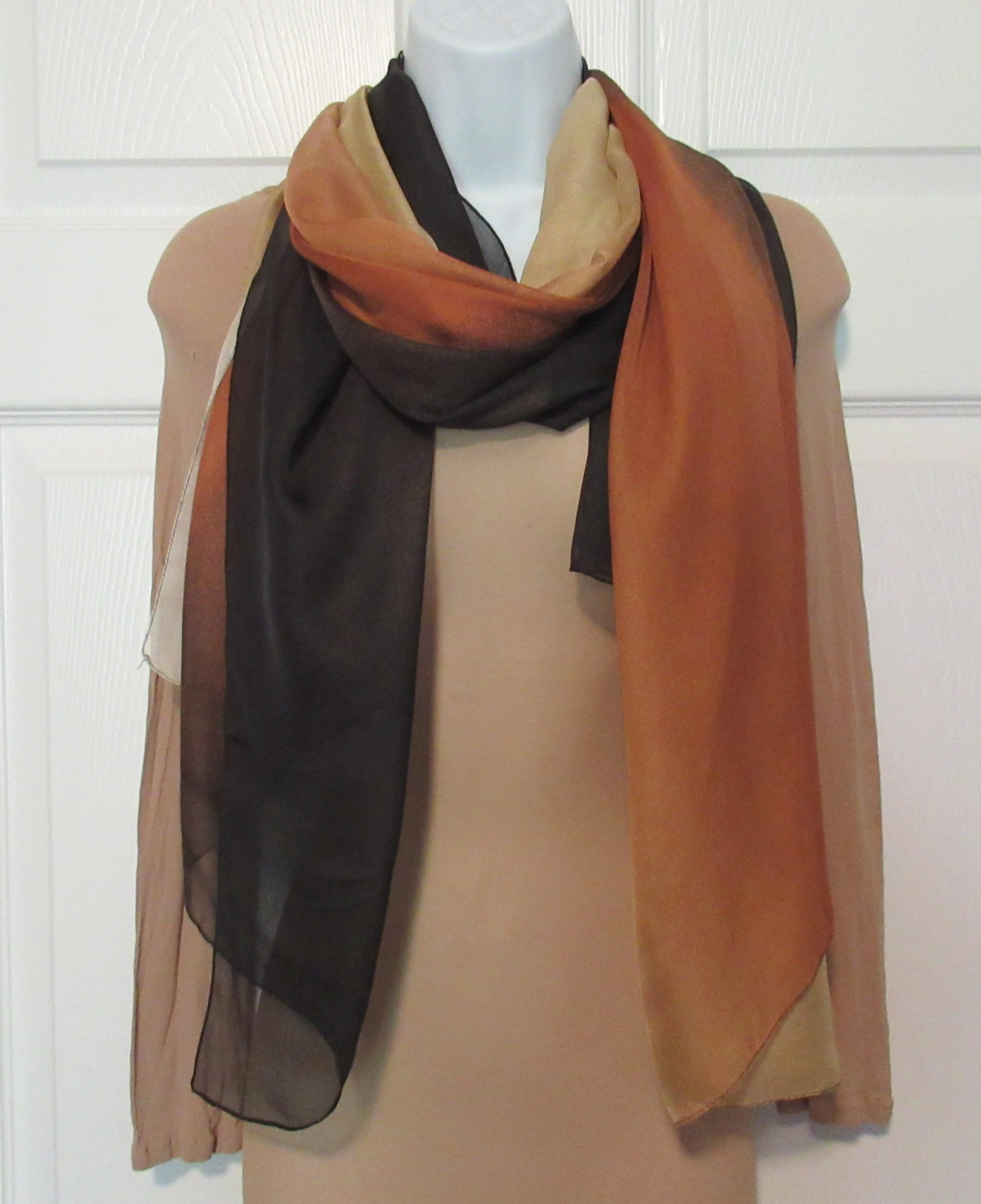 2 Vintage Chiffon Scarves 1st Is 32 by 31 Inch Silk Square Border Print 2nd Is 68 by 33 Inch Polyester Ombre In 3 Shades All Brown Tone - Image 10