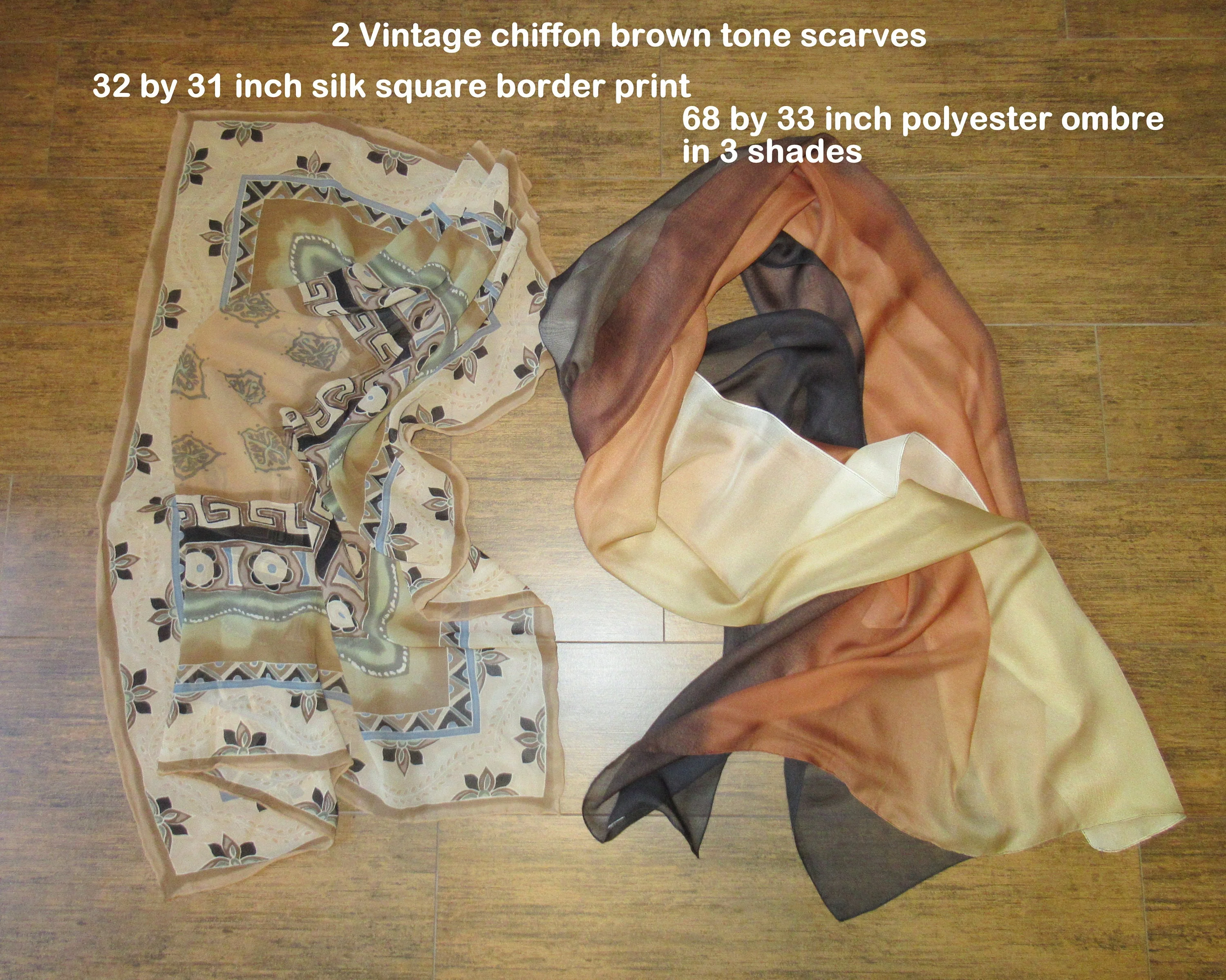 2 Vintage Chiffon Scarves 1st Is 32 by 31 Inch Silk Square Border Print 2nd Is 68 by 33 Inch Polyester Ombre In 3 Shades All Brown Tone - Image 2