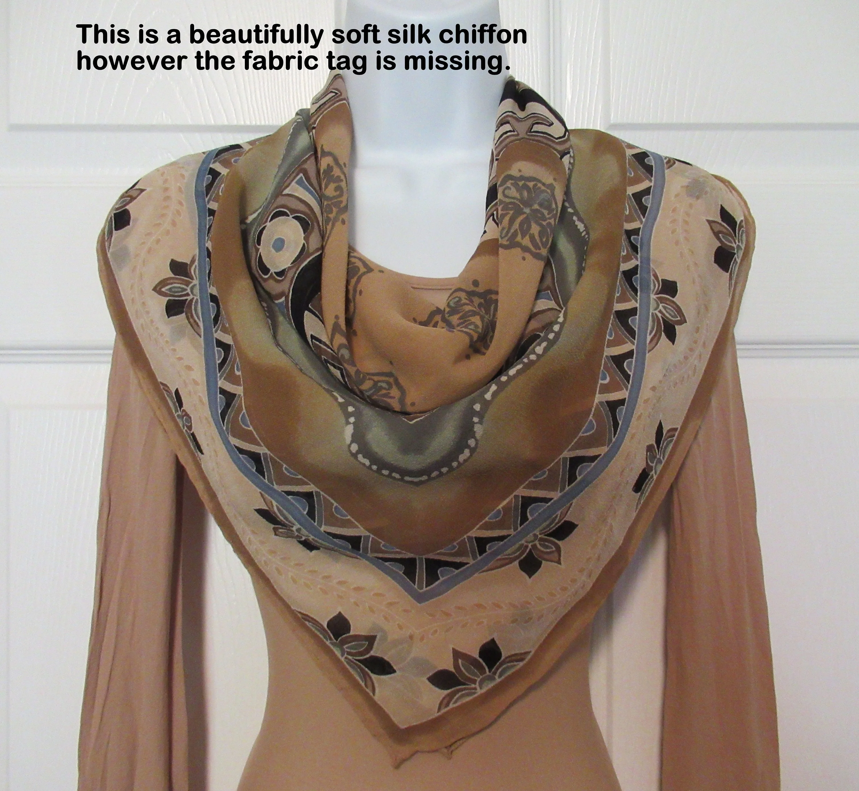 2 Vintage Chiffon Scarves 1st Is 32 by 31 Inch Silk Square Border Print 2nd Is 68 by 33 Inch Polyester Ombre In 3 Shades All Brown Tone - Image 3