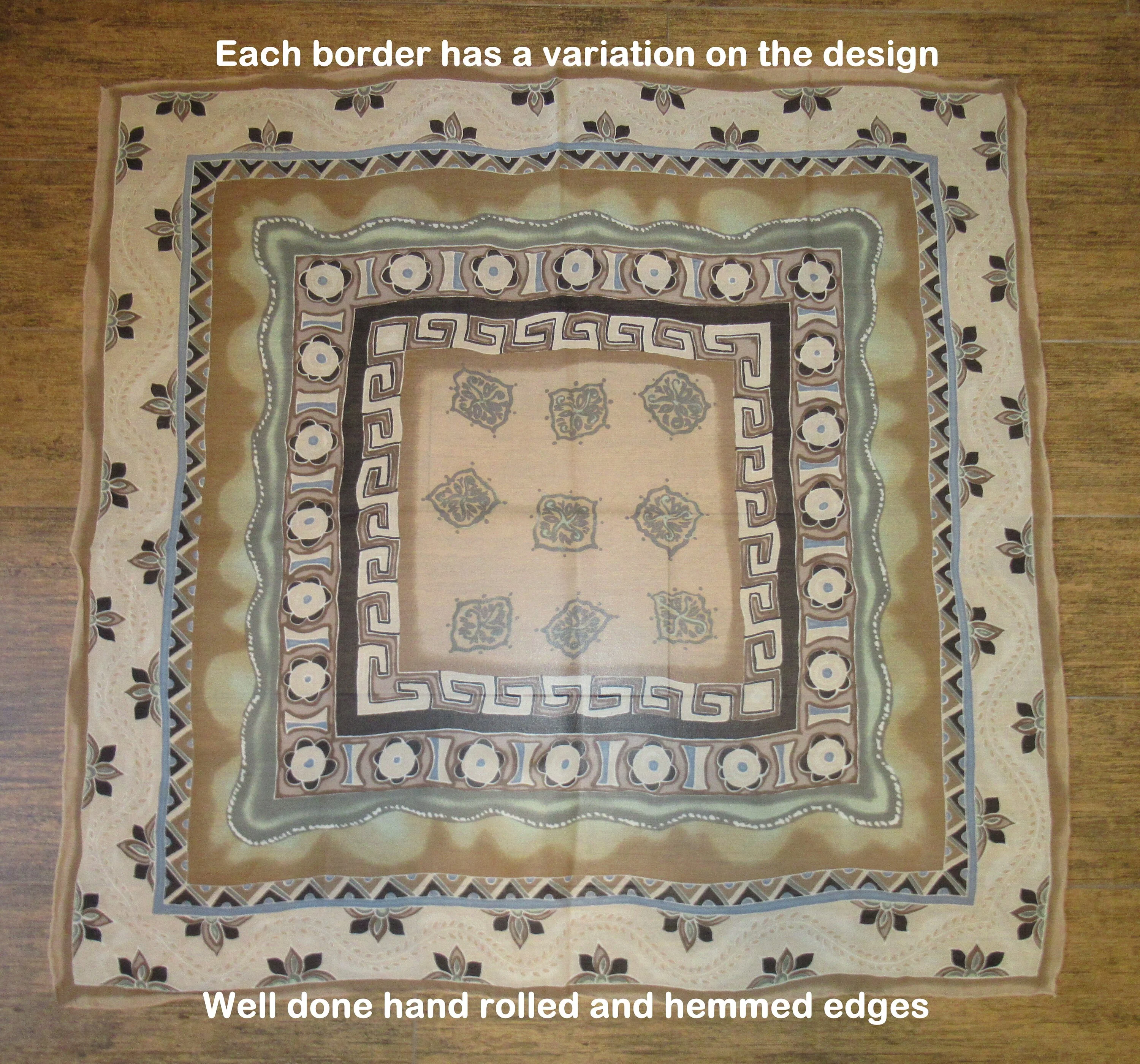 2 Vintage Chiffon Scarves 1st Is 32 by 31 Inch Silk Square Border Print 2nd Is 68 by 33 Inch Polyester Ombre In 3 Shades All Brown Tone - Image 4
