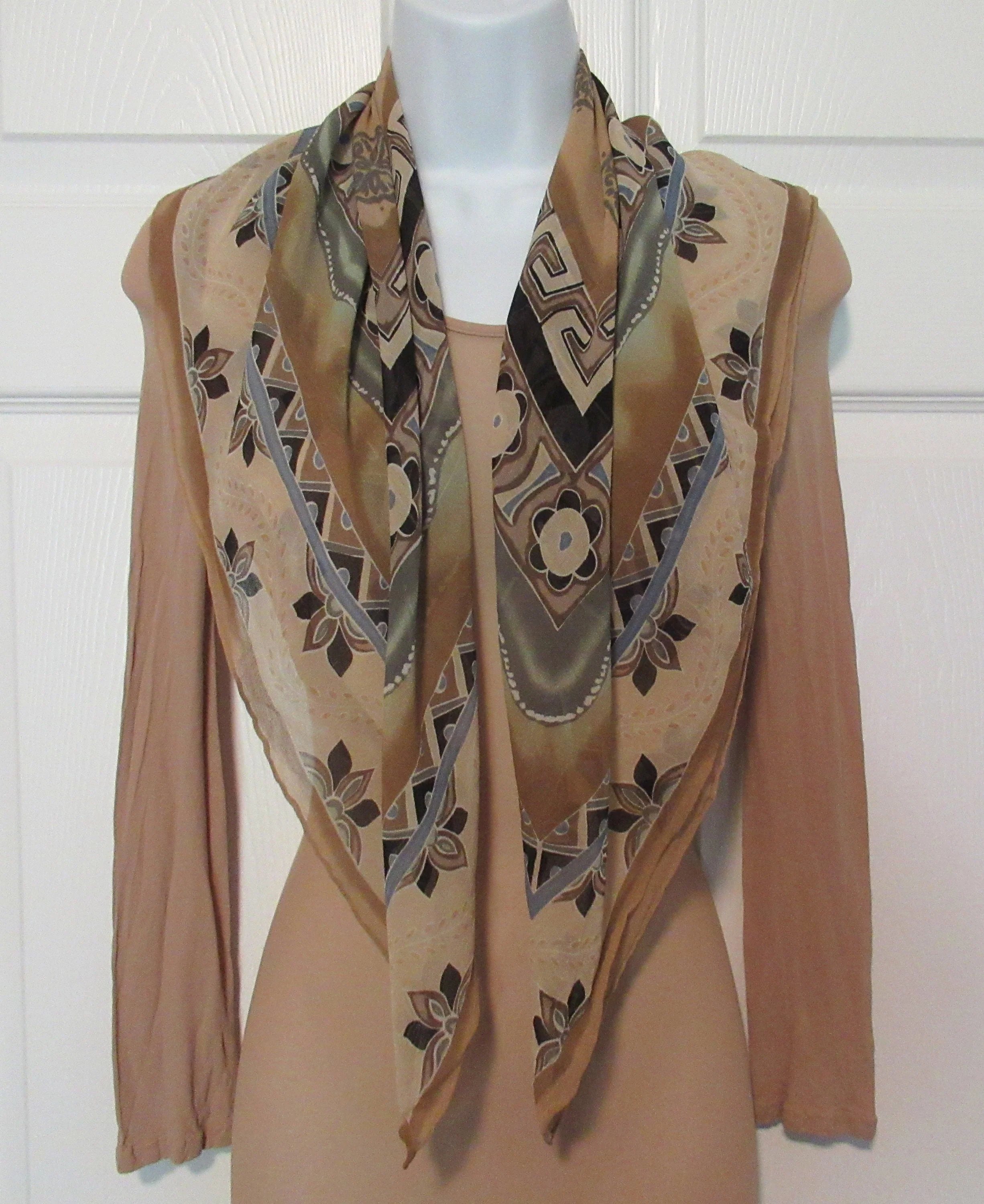 2 Vintage Chiffon Scarves 1st Is 32 by 31 Inch Silk Square Border Print 2nd Is 68 by 33 Inch Polyester Ombre In 3 Shades All Brown Tone - Image 5