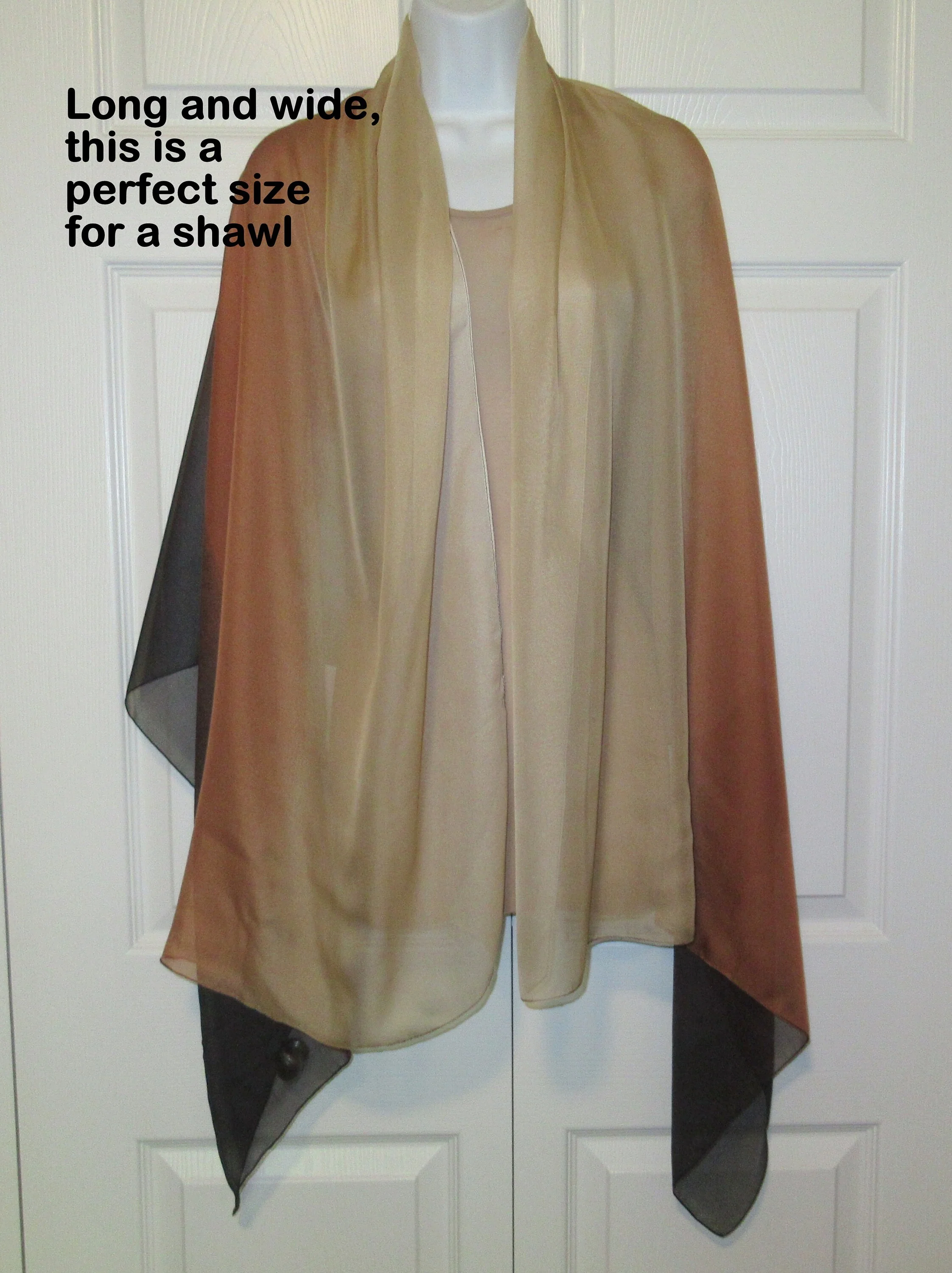 2 Vintage Chiffon Scarves 1st Is 32 by 31 Inch Silk Square Border Print 2nd Is 68 by 33 Inch Polyester Ombre In 3 Shades All Brown Tone - Image 7