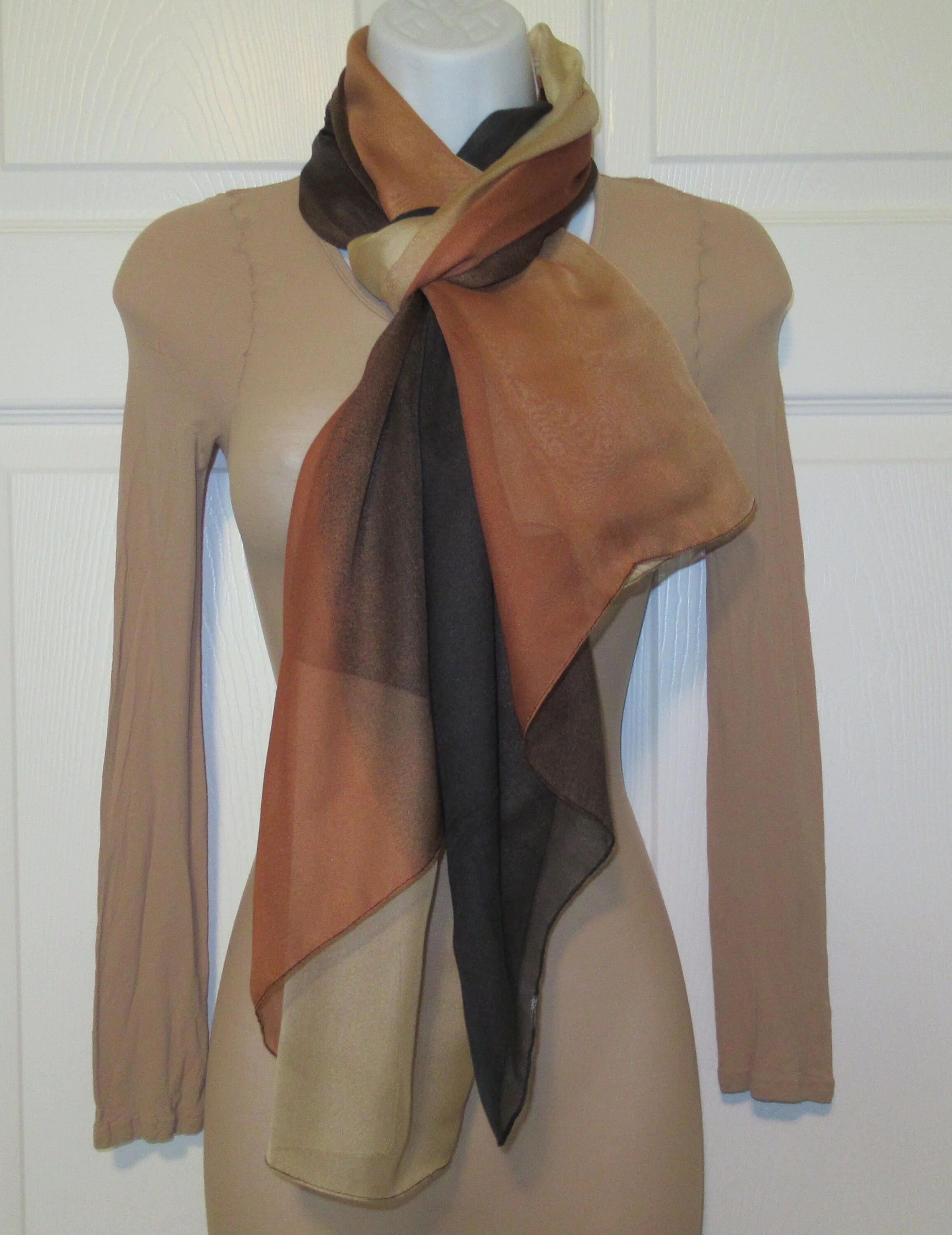 2 Vintage Chiffon Scarves 1st Is 32 by 31 Inch Silk Square Border Print 2nd Is 68 by 33 Inch Polyester Ombre In 3 Shades All Brown Tone - Image 8