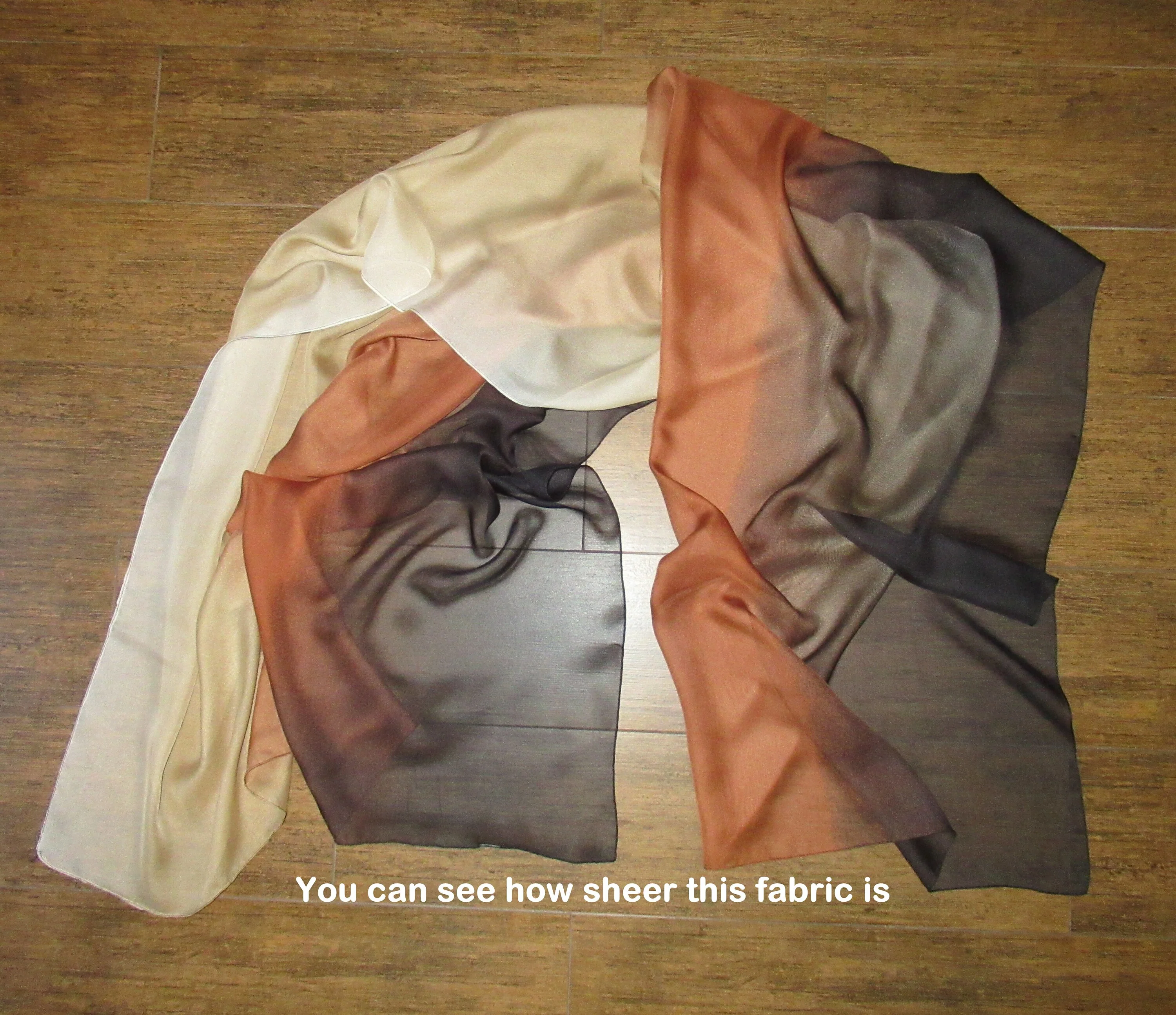 2 Vintage Chiffon Scarves 1st Is 32 by 31 Inch Silk Square Border Print 2nd Is 68 by 33 Inch Polyester Ombre In 3 Shades All Brown Tone - Image 9