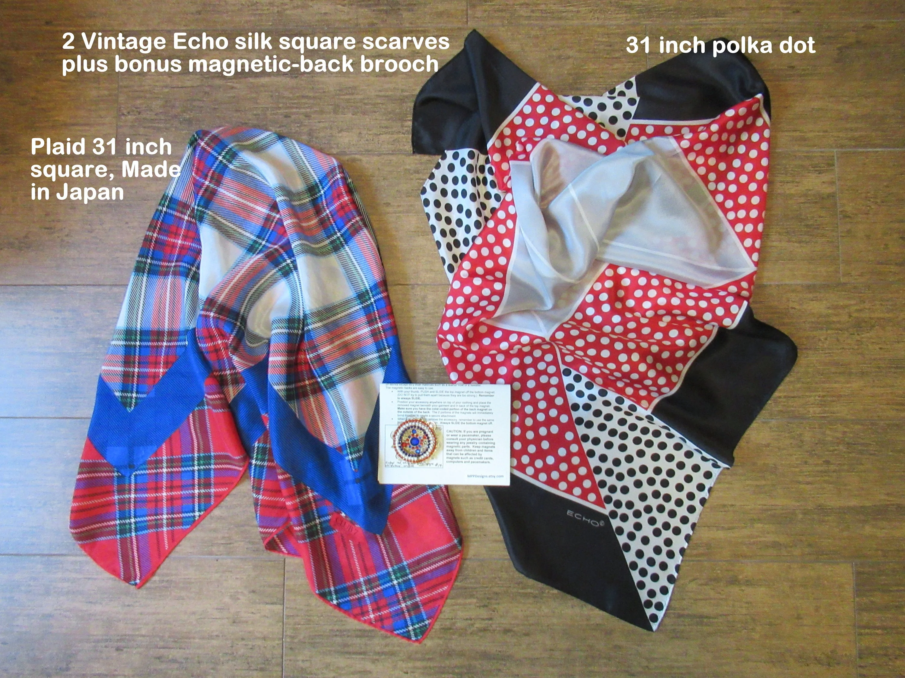 2 Vintage Echo Silk Scarves Both 31 Inch Square, 1st Plaid Red, White, Blue, 2nd Polka Dot Red, White, Black, Bonus Magnetic Back Brooch - Image 2