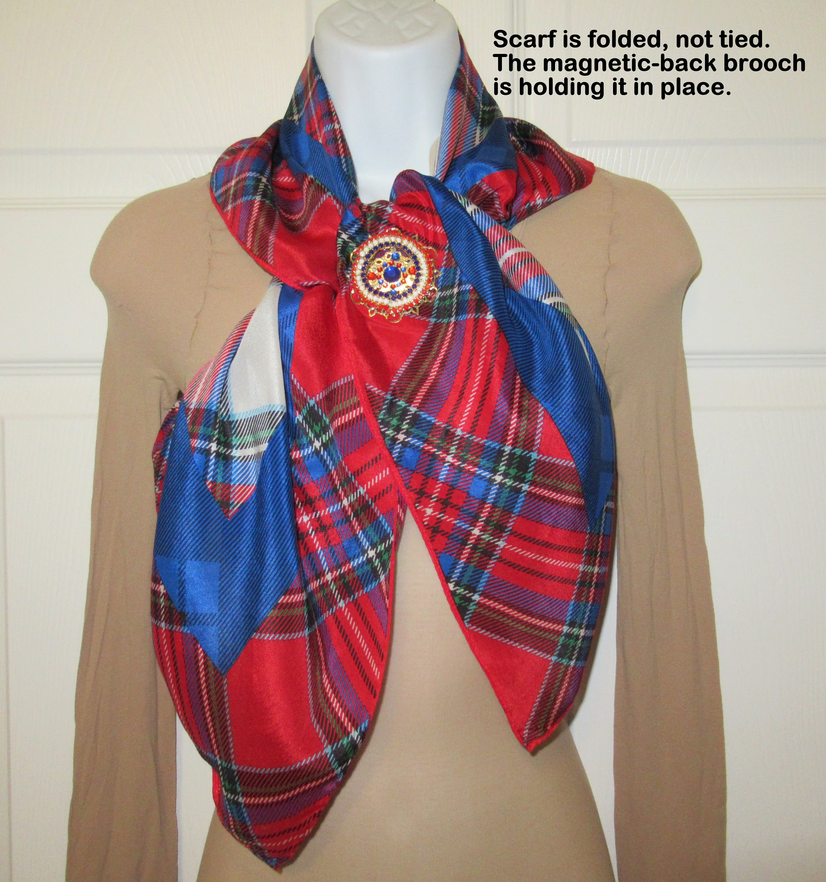 2 Vintage Echo Silk Scarves Both 31 Inch Square, 1st Plaid Red, White, Blue, 2nd Polka Dot Red, White, Black, Bonus Magnetic Back Brooch - Image 4