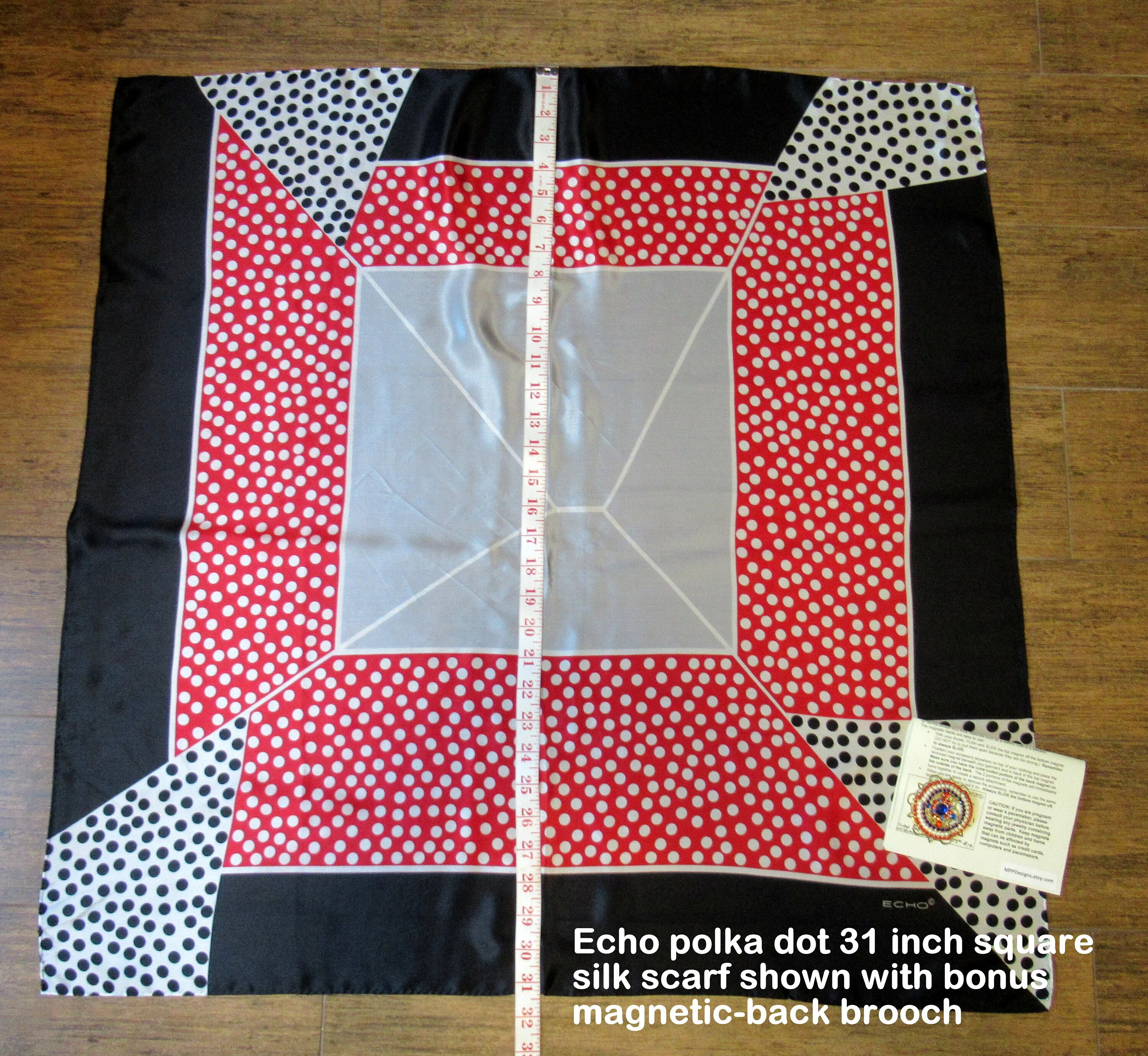 2 Vintage Echo Silk Scarves Both 31 Inch Square, 1st Plaid Red, White, Blue, 2nd Polka Dot Red, White, Black, Bonus Magnetic Back Brooch - Image 6