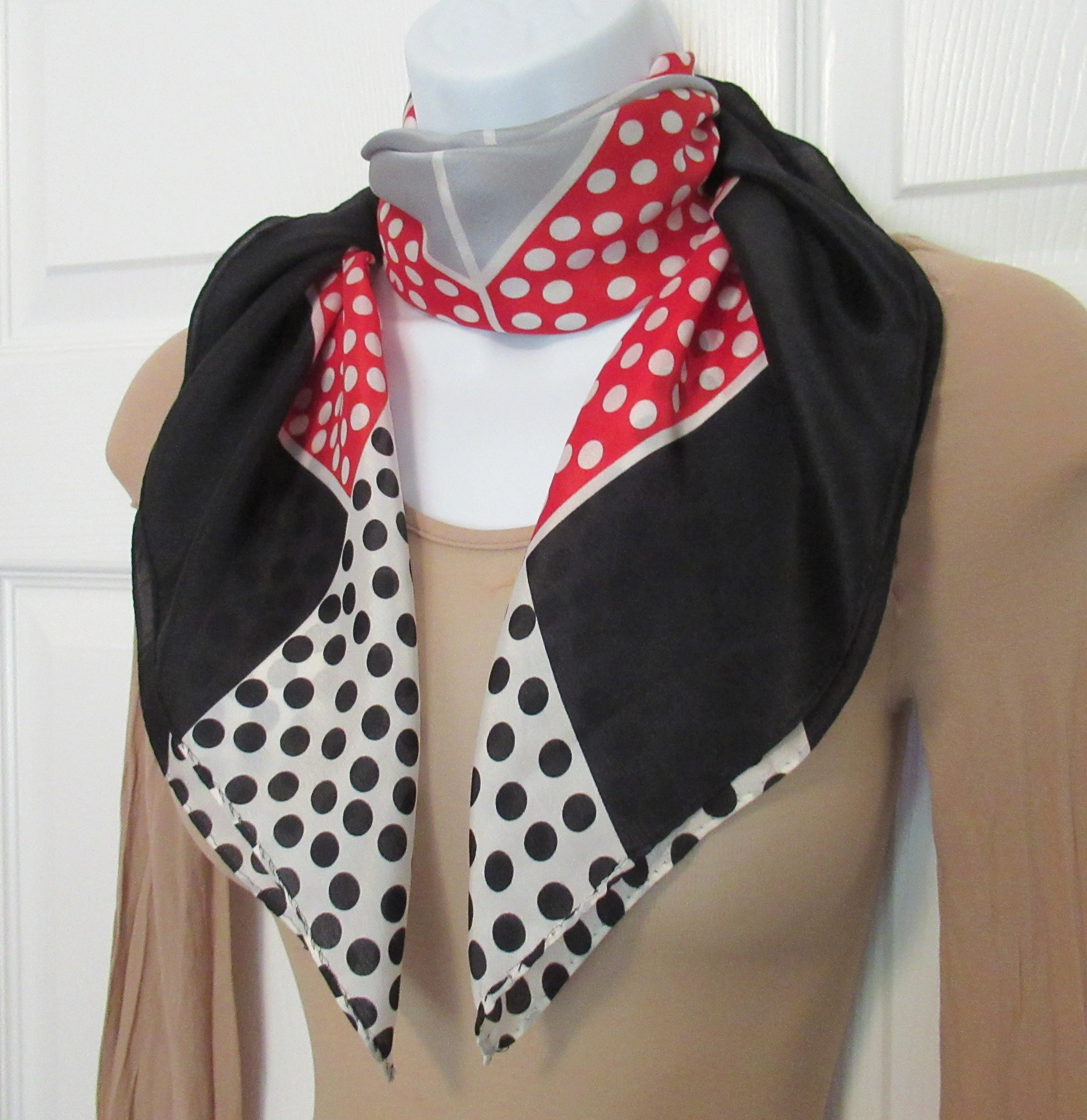 2 Vintage Echo Silk Scarves Both 31 Inch Square, 1st Plaid Red, White, Blue, 2nd Polka Dot Red, White, Black, Bonus Magnetic Back Brooch - Image 7
