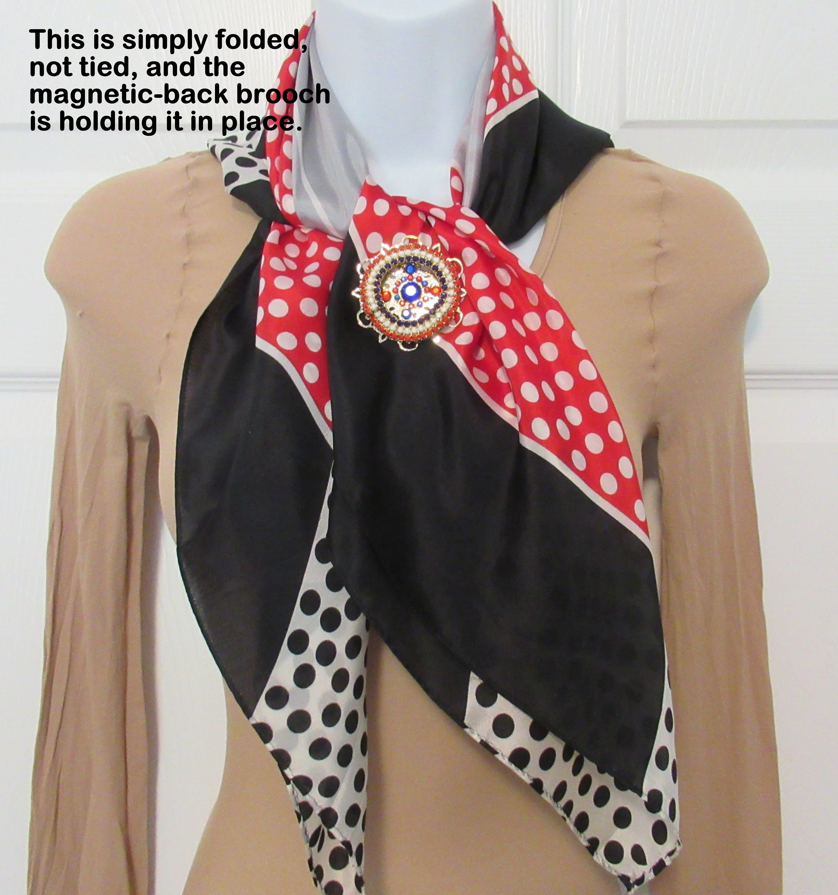 2 Vintage Echo Silk Scarves Both 31 Inch Square, 1st Plaid Red, White, Blue, 2nd Polka Dot Red, White, Black, Bonus Magnetic Back Brooch - Image 8