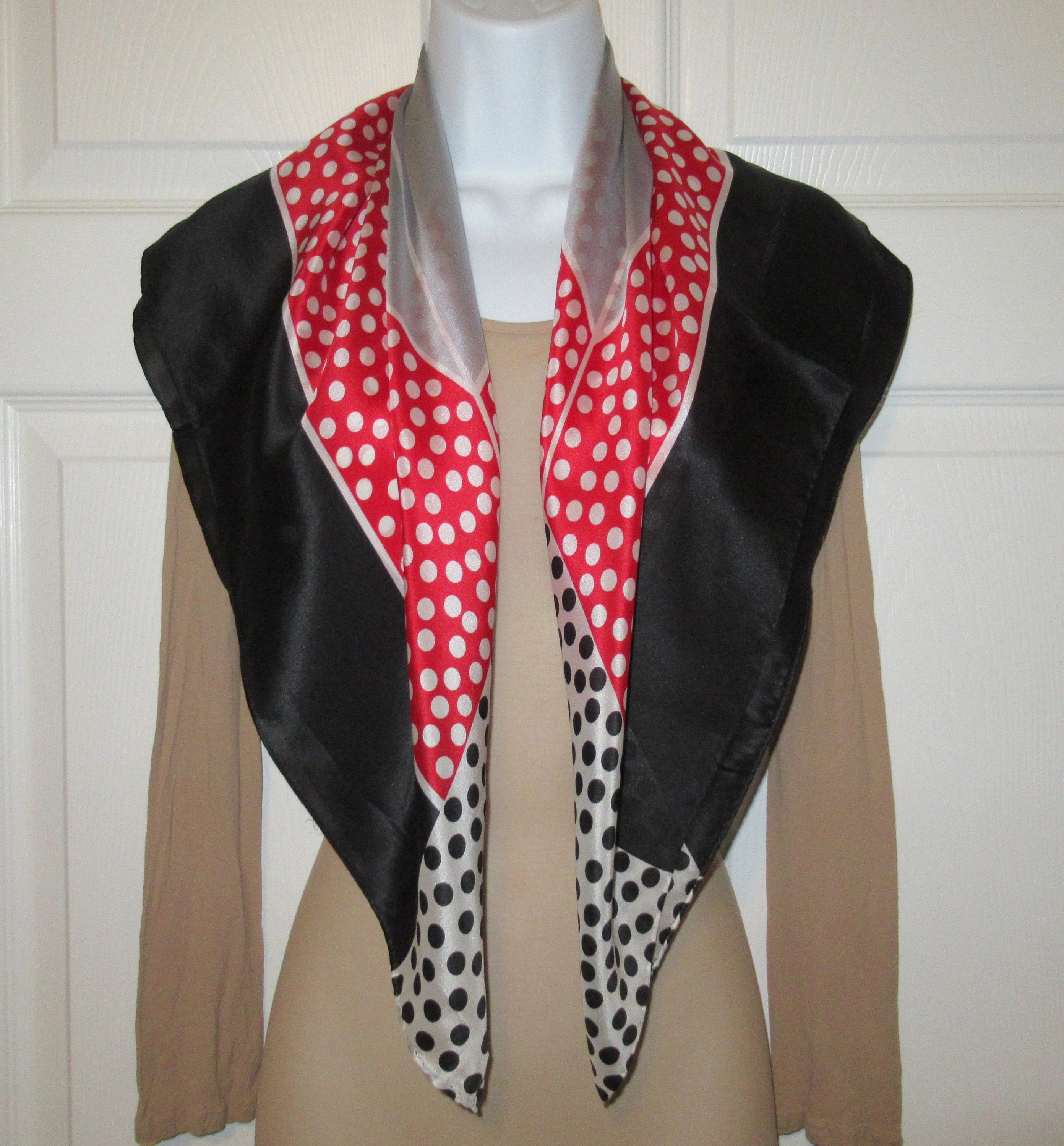 2 Vintage Echo Silk Scarves Both 31 Inch Square, 1st Plaid Red, White, Blue, 2nd Polka Dot Red, White, Black, Bonus Magnetic Back Brooch - Image 9