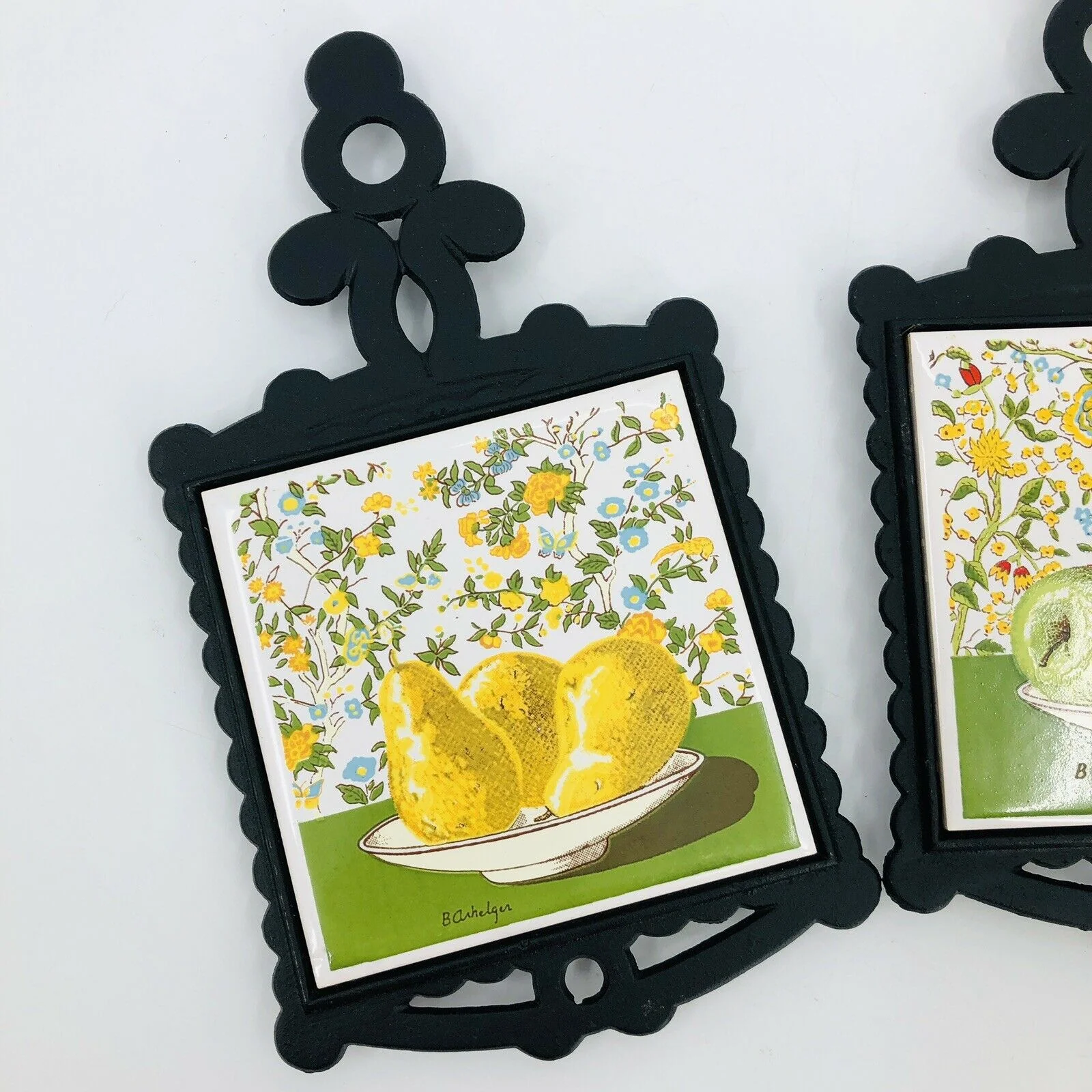 2 Vintage Triangle Shunlong Signed Fruit Trivets Iron Tile - B. Arhelger by Homco - Image 3