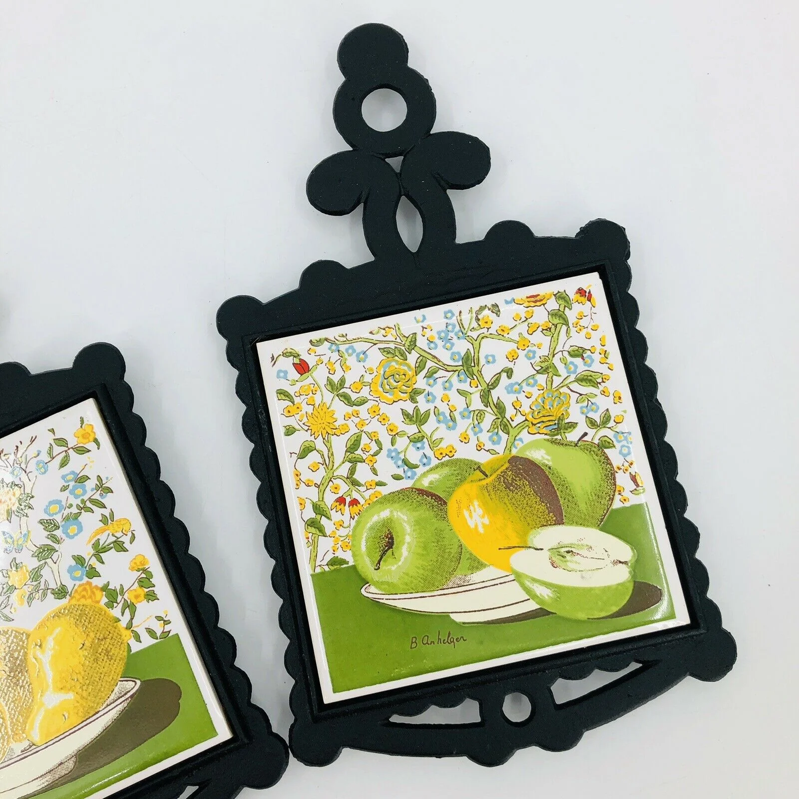 2 Vintage Triangle Shunlong Signed Fruit Trivets Iron Tile - B. Arhelger by Homco - Image 4