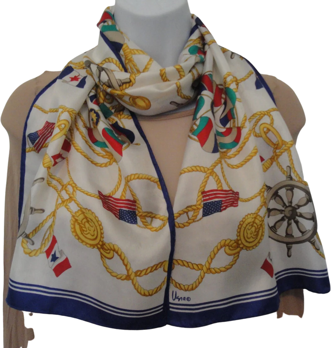 2 Vintage Vera Scarves Nautical Is 54 by 11 Inch Silk Oblong Made In Japan, Square 26 Inch Blue Polka Dots On White Acetate, Made In Italy