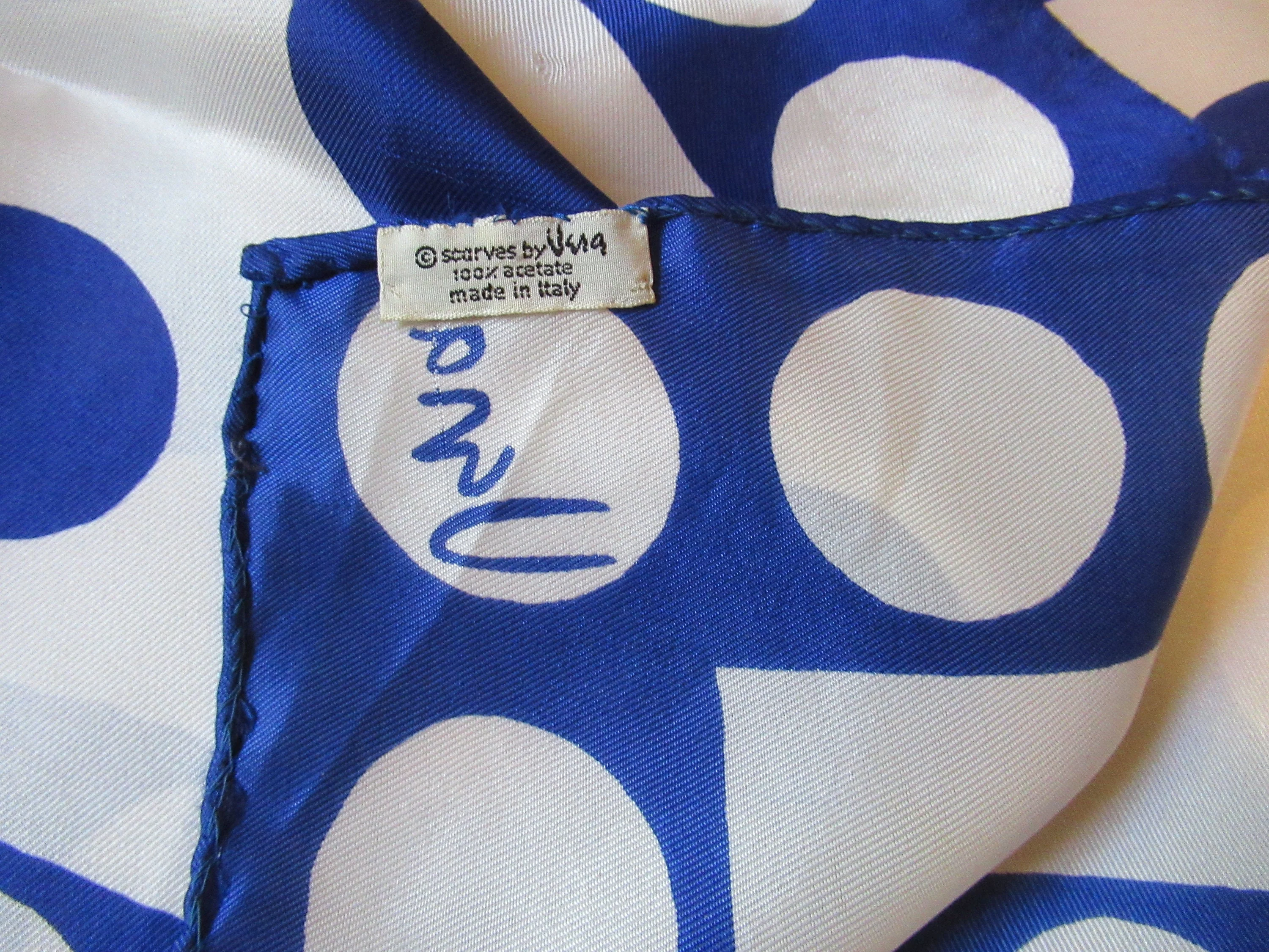 2 Vintage Vera Scarves Nautical Is 54 by 11 Inch Silk Oblong Made In Japan, Square 26 Inch Blue Polka Dots On White Acetate, Made In Italy - Image 10