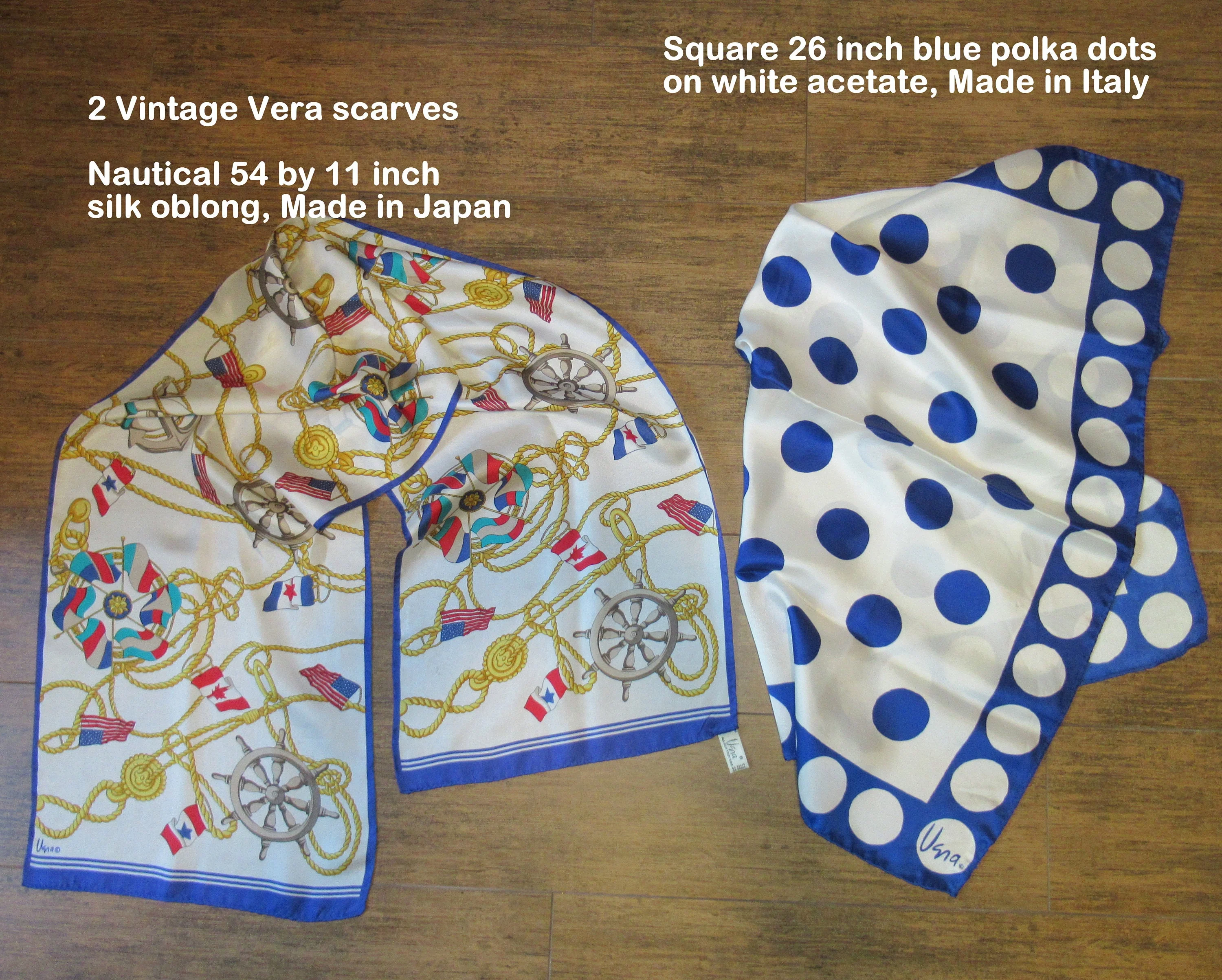 2 Vintage Vera Scarves Nautical Is 54 by 11 Inch Silk Oblong Made In Japan, Square 26 Inch Blue Polka Dots On White Acetate, Made In Italy - Image 2