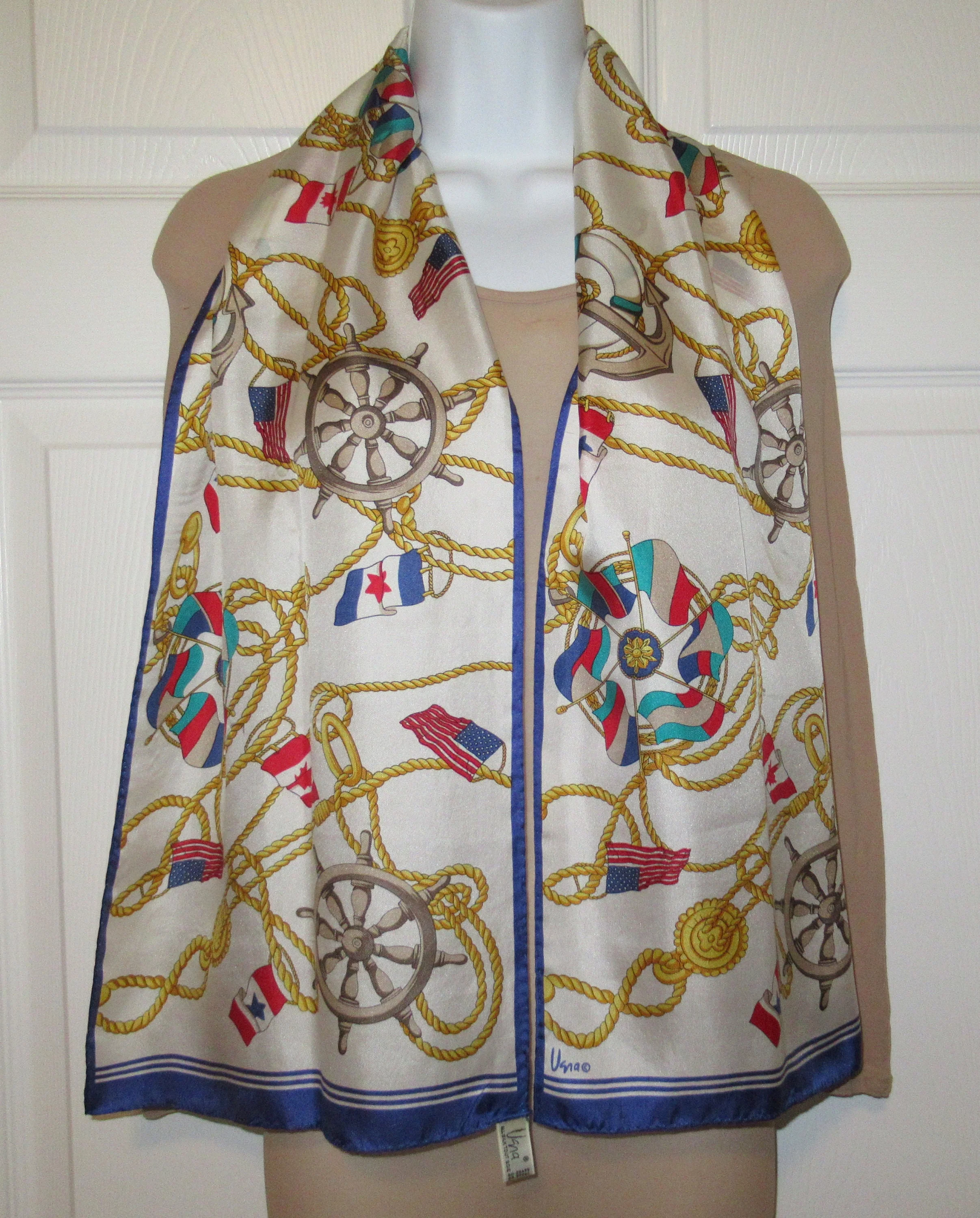 2 Vintage Vera Scarves Nautical Is 54 by 11 Inch Silk Oblong Made In Japan, Square 26 Inch Blue Polka Dots On White Acetate, Made In Italy - Image 3