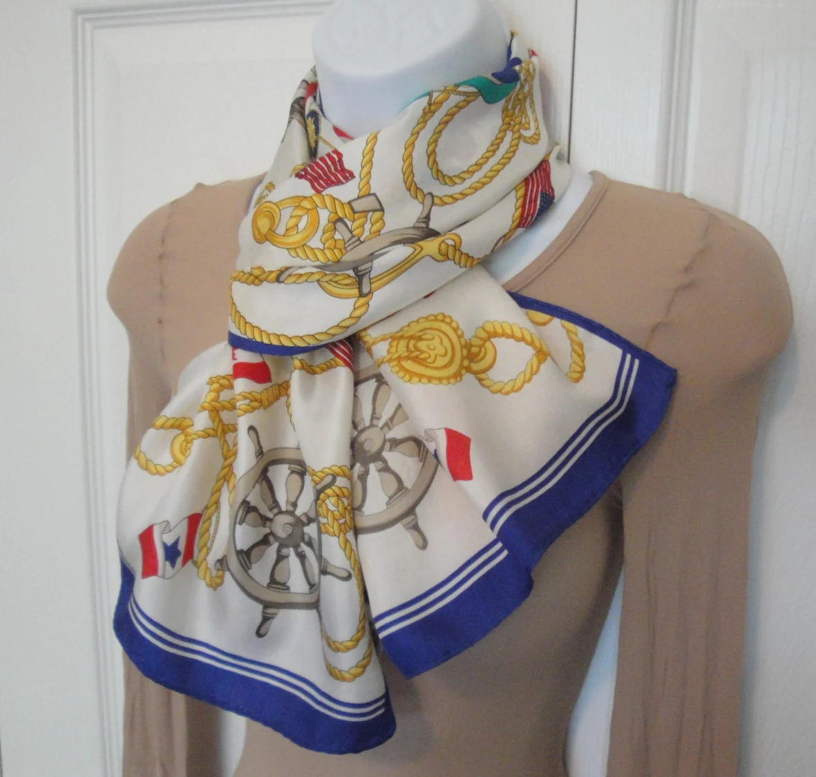 2 Vintage Vera Scarves Nautical Is 54 by 11 Inch Silk Oblong Made In Japan, Square 26 Inch Blue Polka Dots On White Acetate, Made In Italy - Image 4