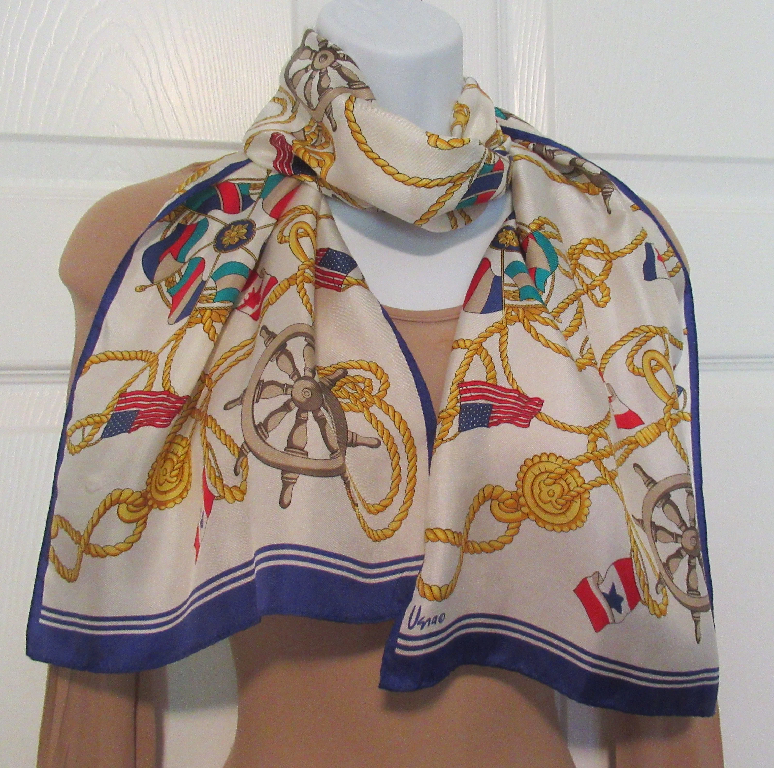 2 Vintage Vera Scarves Nautical Is 54 by 11 Inch Silk Oblong Made In Japan, Square 26 Inch Blue Polka Dots On White Acetate, Made In Italy - Image 5