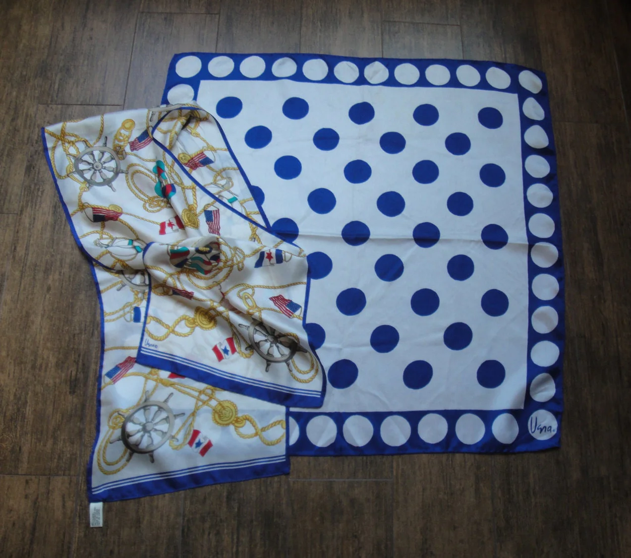 2 Vintage Vera Scarves Nautical Is 54 by 11 Inch Silk Oblong Made In Japan, Square 26 Inch Blue Polka Dots On White Acetate, Made In Italy - Image 6