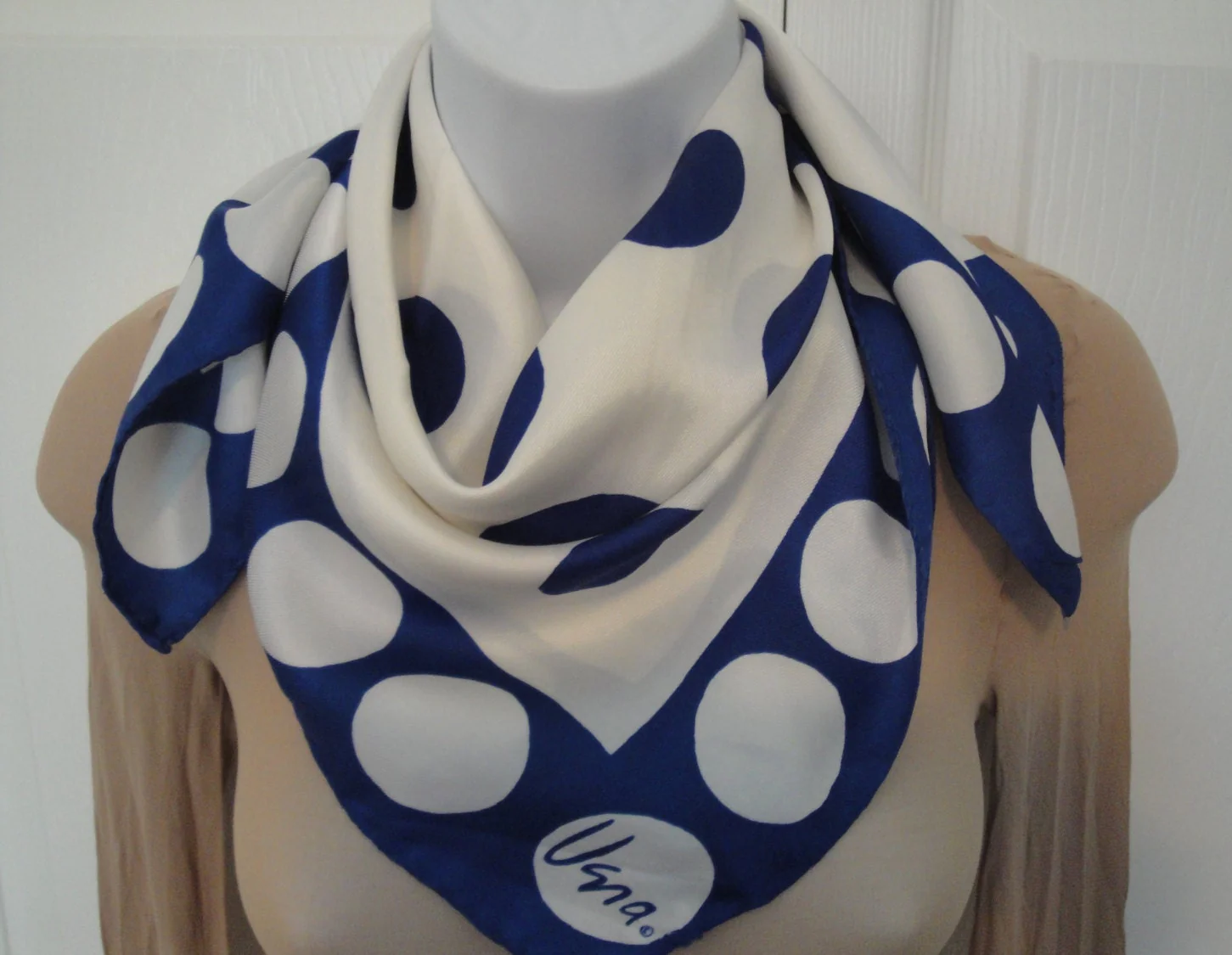 2 Vintage Vera Scarves Nautical Is 54 by 11 Inch Silk Oblong Made In Japan, Square 26 Inch Blue Polka Dots On White Acetate, Made In Italy - Image 7