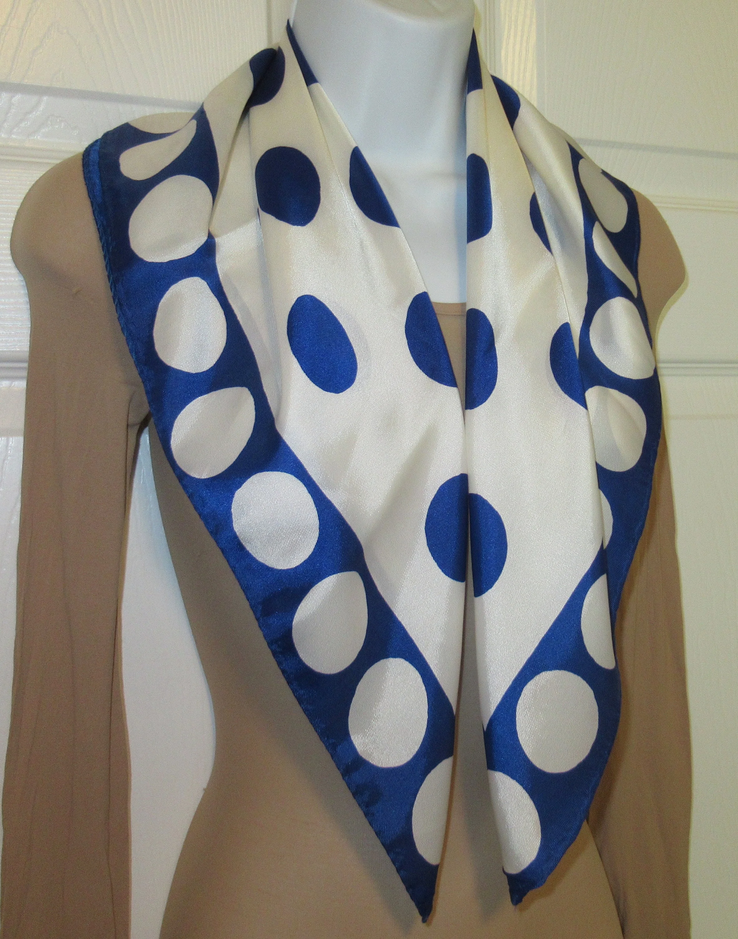 2 Vintage Vera Scarves Nautical Is 54 by 11 Inch Silk Oblong Made In Japan, Square 26 Inch Blue Polka Dots On White Acetate, Made In Italy - Image 8