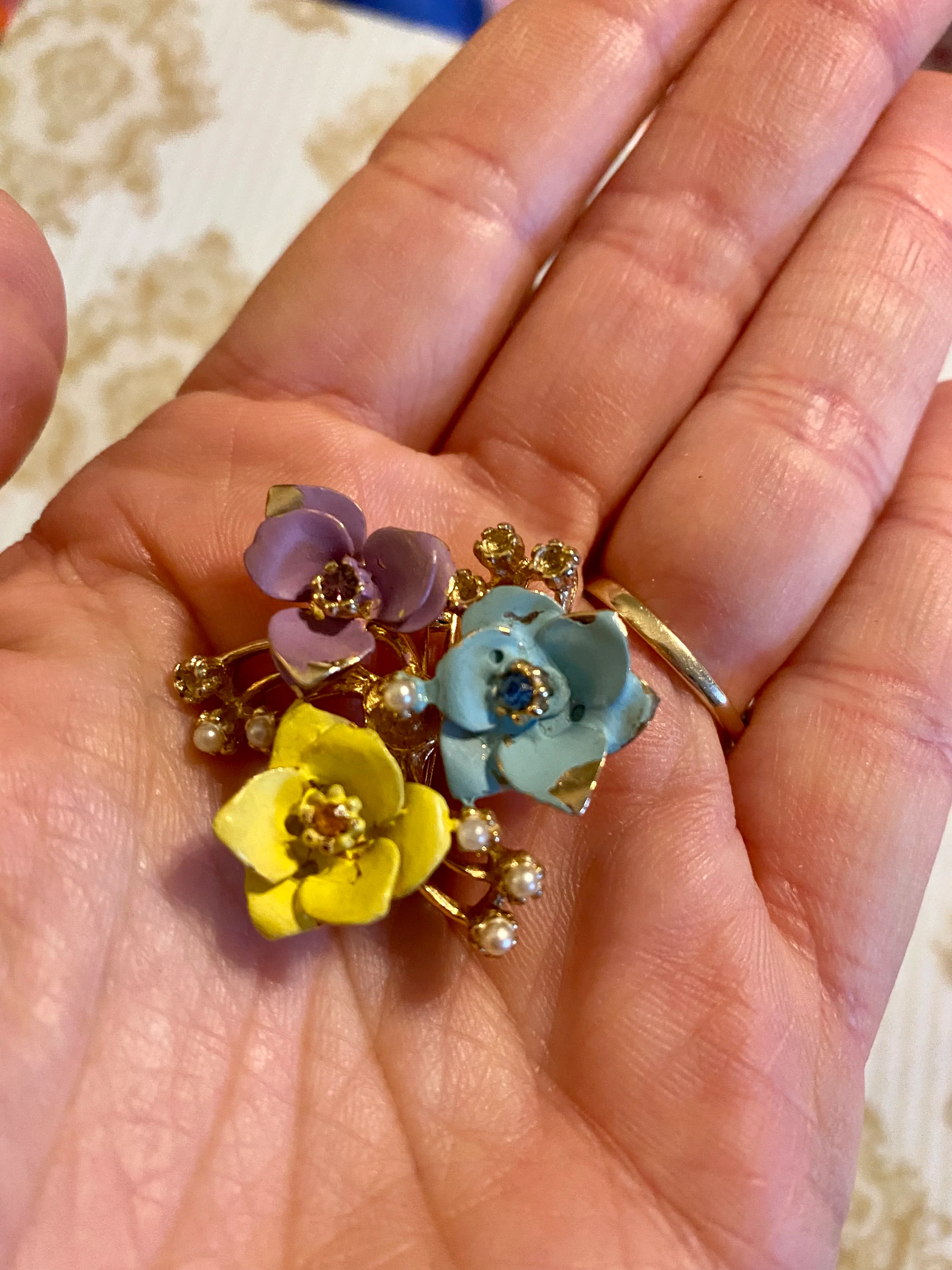 2 Vtg Floral Gold Metal Pins Brooches Painted Moon - Image 3