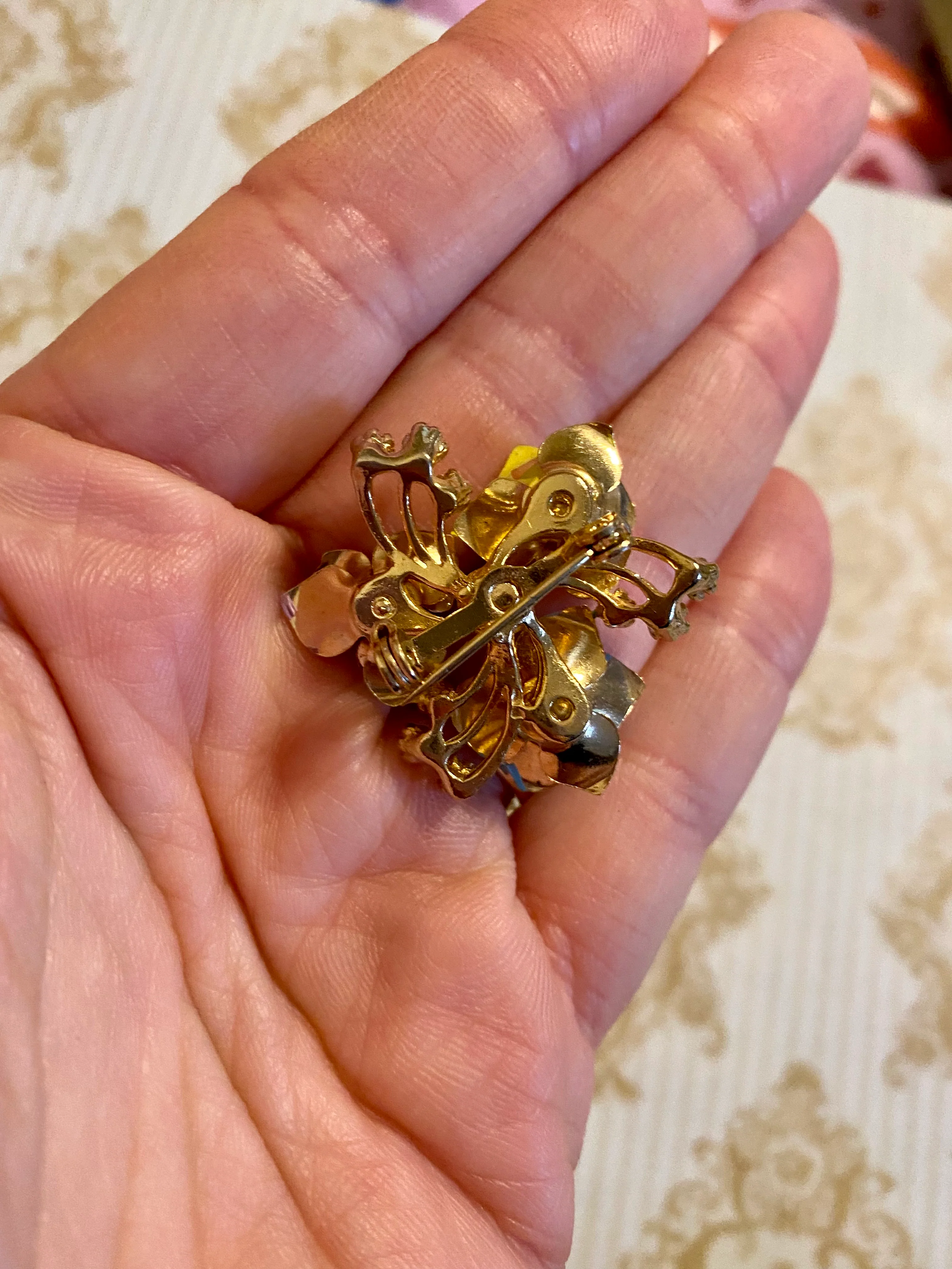 2 Vtg Floral Gold Metal Pins Brooches Painted Moon - Image 4