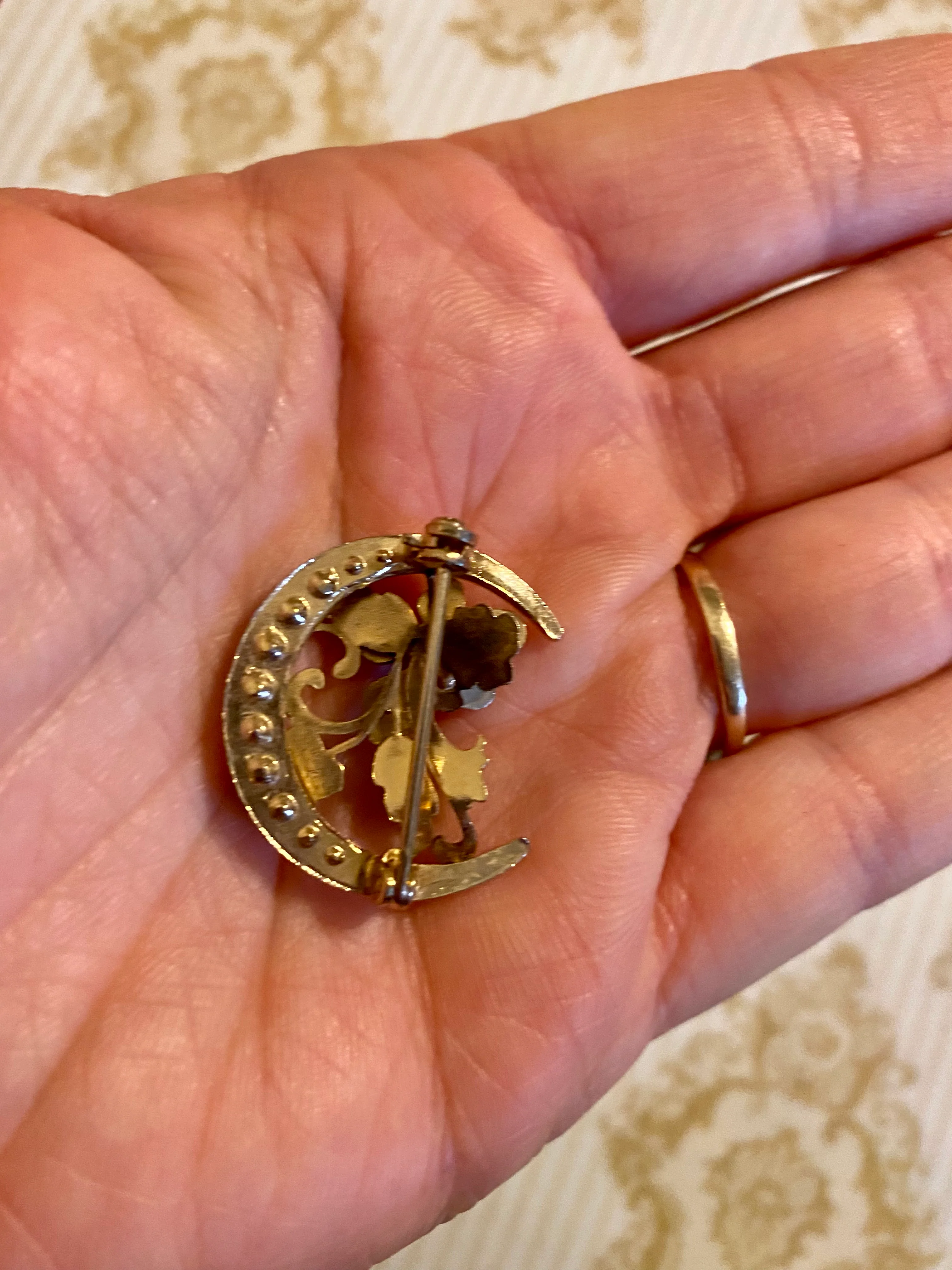 2 Vtg Floral Gold Metal Pins Brooches Painted Moon - Image 6