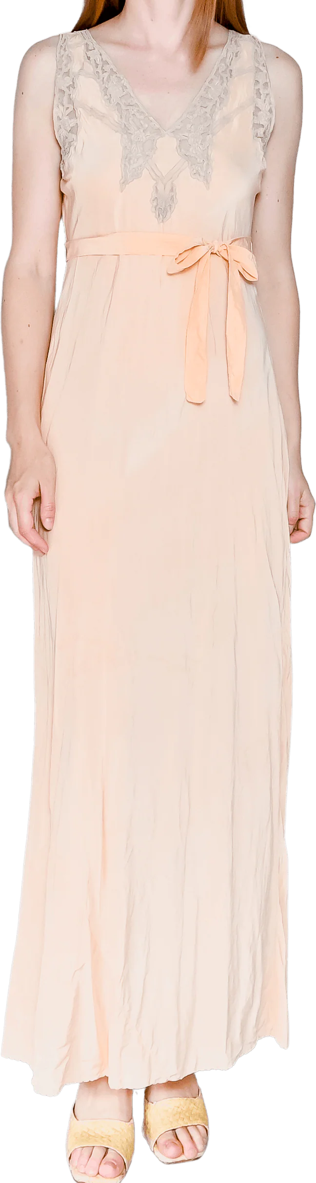 20s  Antique Vtg Peach Lace Silk Slip Gown Dress