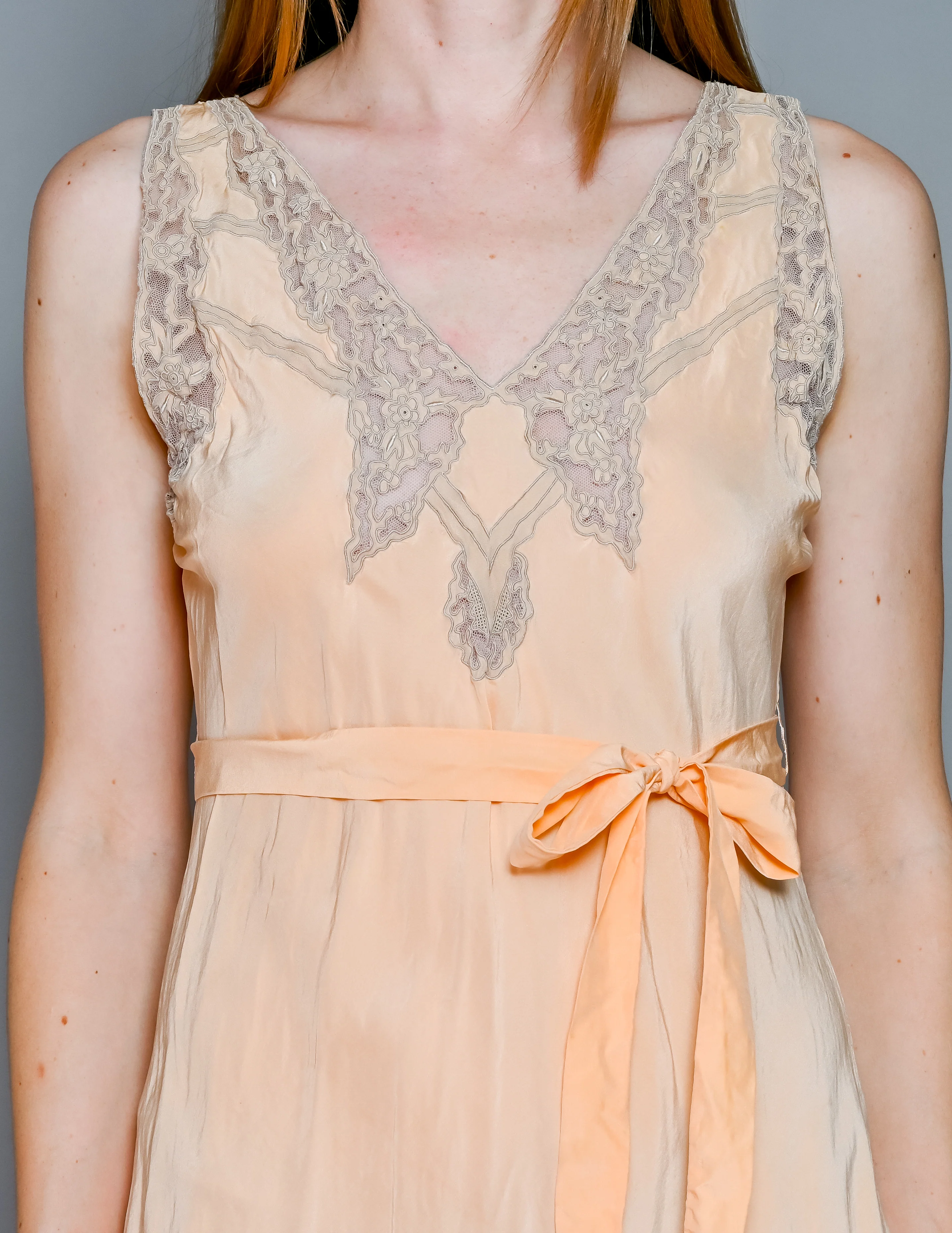20s  Antique Vtg Peach Lace Silk Slip Gown Dress - Image 6