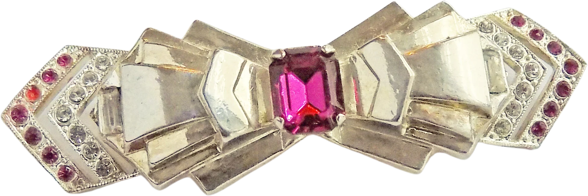 20s-30s Art Deco Silver Bow Pin Brooch Pink Unsigned Rose Rhinestone 275 Long 75 Wide