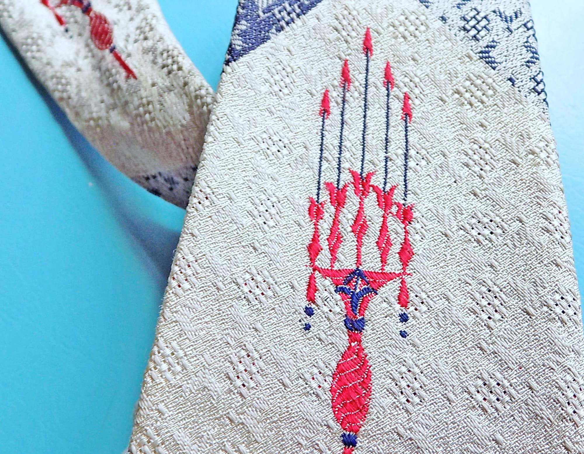 20s 30s Art Deco Woven Haband Necktie with Candelabra Pattern Red White and Blue by Haband - Image 3