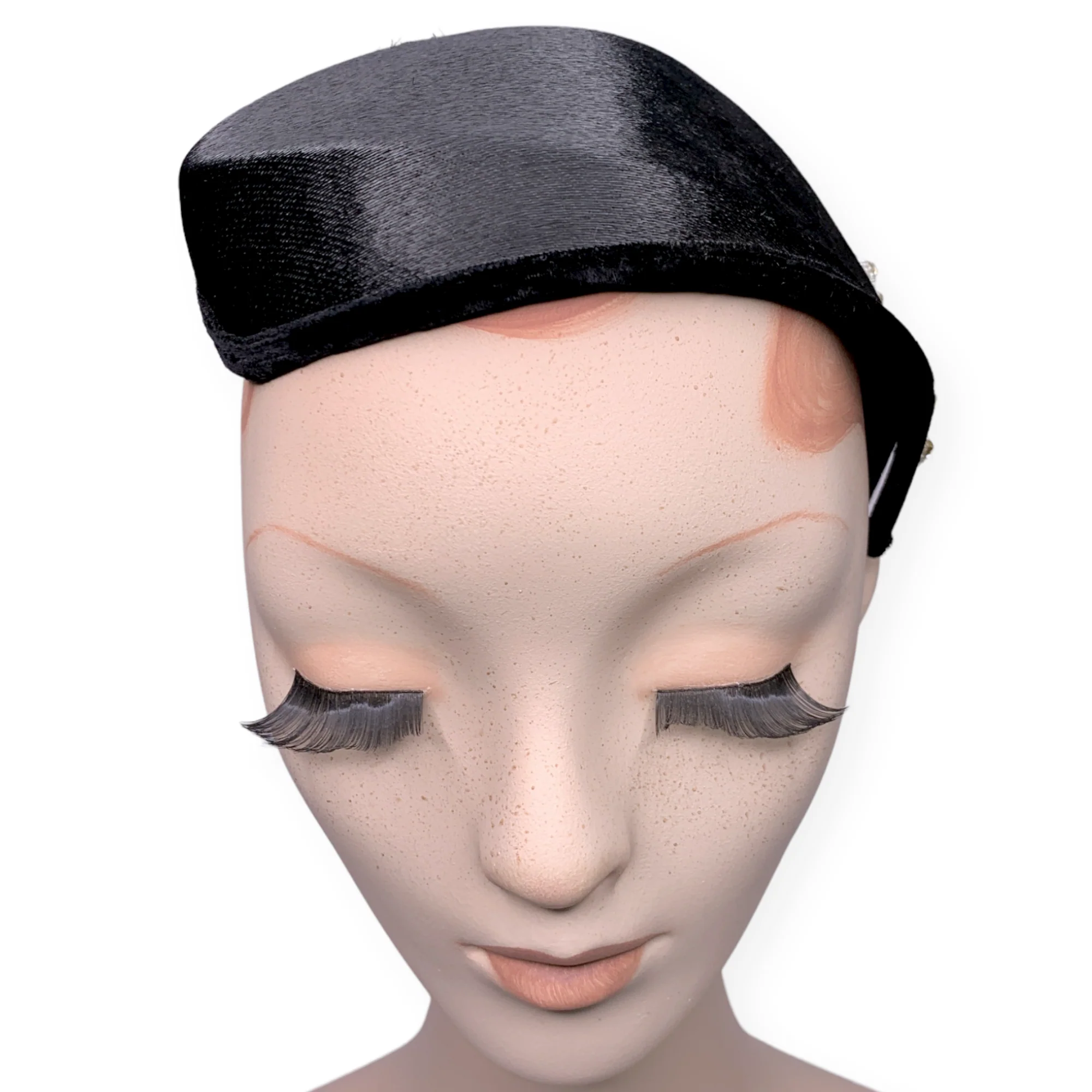 20s/30s Black Slick Shiny Art Deco Skull Cap Cocktail Hat - Image 4