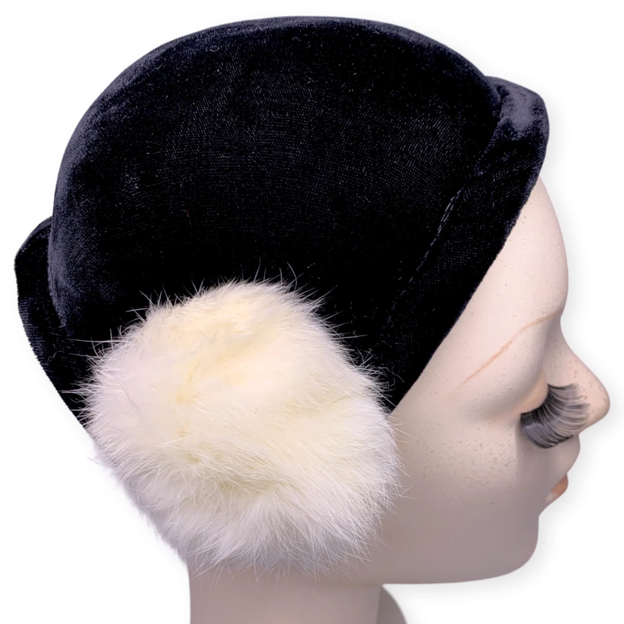 20s/30s Black Velvet Fur Puff Skull Cap Cloche Hat Deco - Image 4
