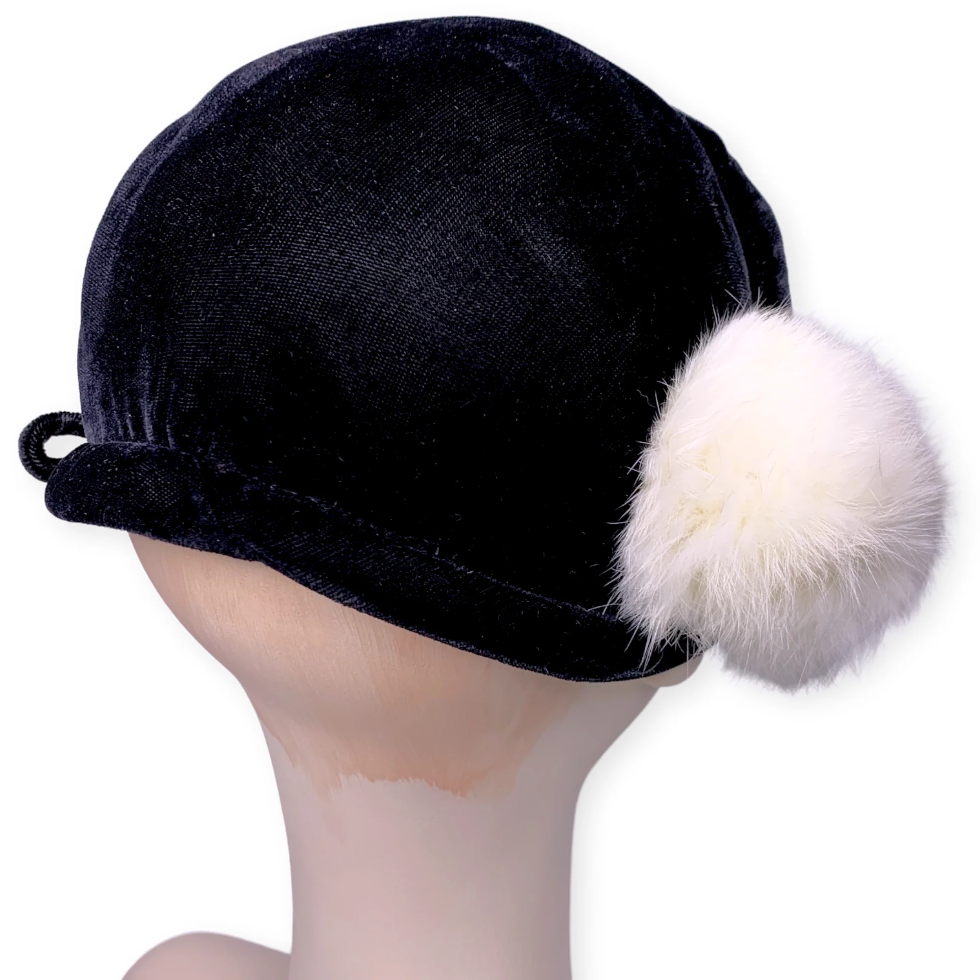 20s/30s Black Velvet Fur Puff Skull Cap Cloche Hat Deco - Image 5