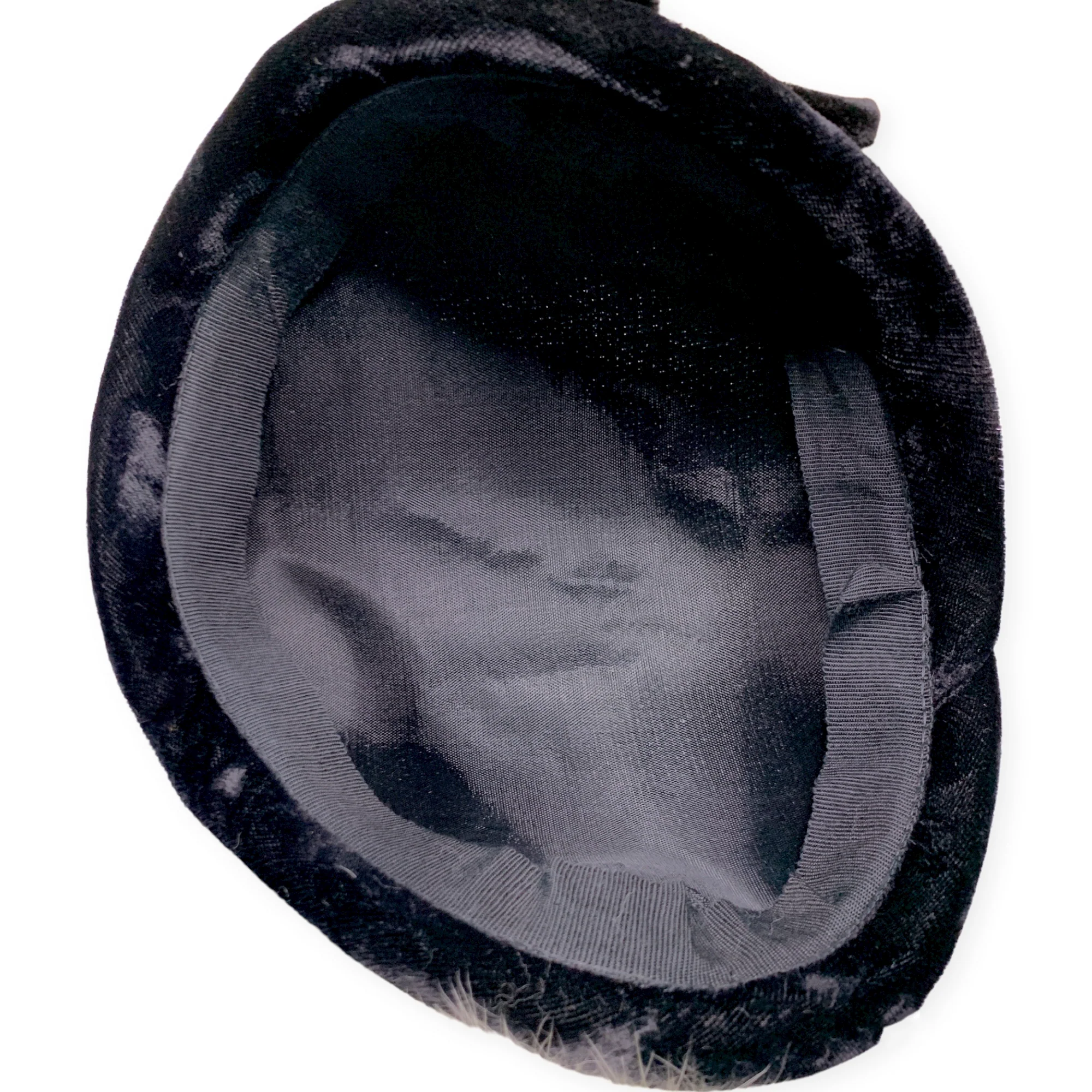 20s/30s Black Velvet Fur Puff Skull Cap Cloche Hat Deco - Image 9